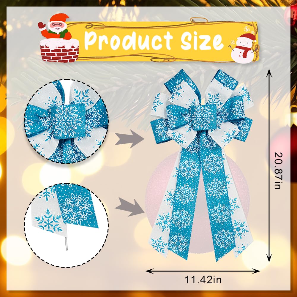 ALIBBON 2 Pcs Large Merry Christmas Bows for Wreaths, Christmas Wreath Bows, Glitter Snowflake Bows, White Blue Bows for Front Door, Christmas Decor Tree Topper, Craft Bows for Indoor Outdoor Decor