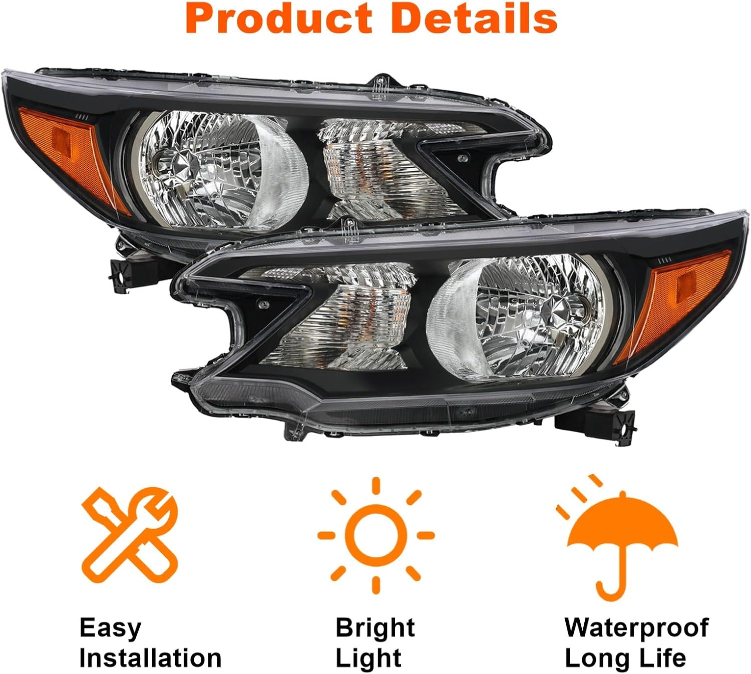 Black Halogen Headlight Assembly Compatible with 2012 2013 2014 Honda CR-V CRV Driver and Passenger Side Headlamp 33100T0AA01 33150T0AA01