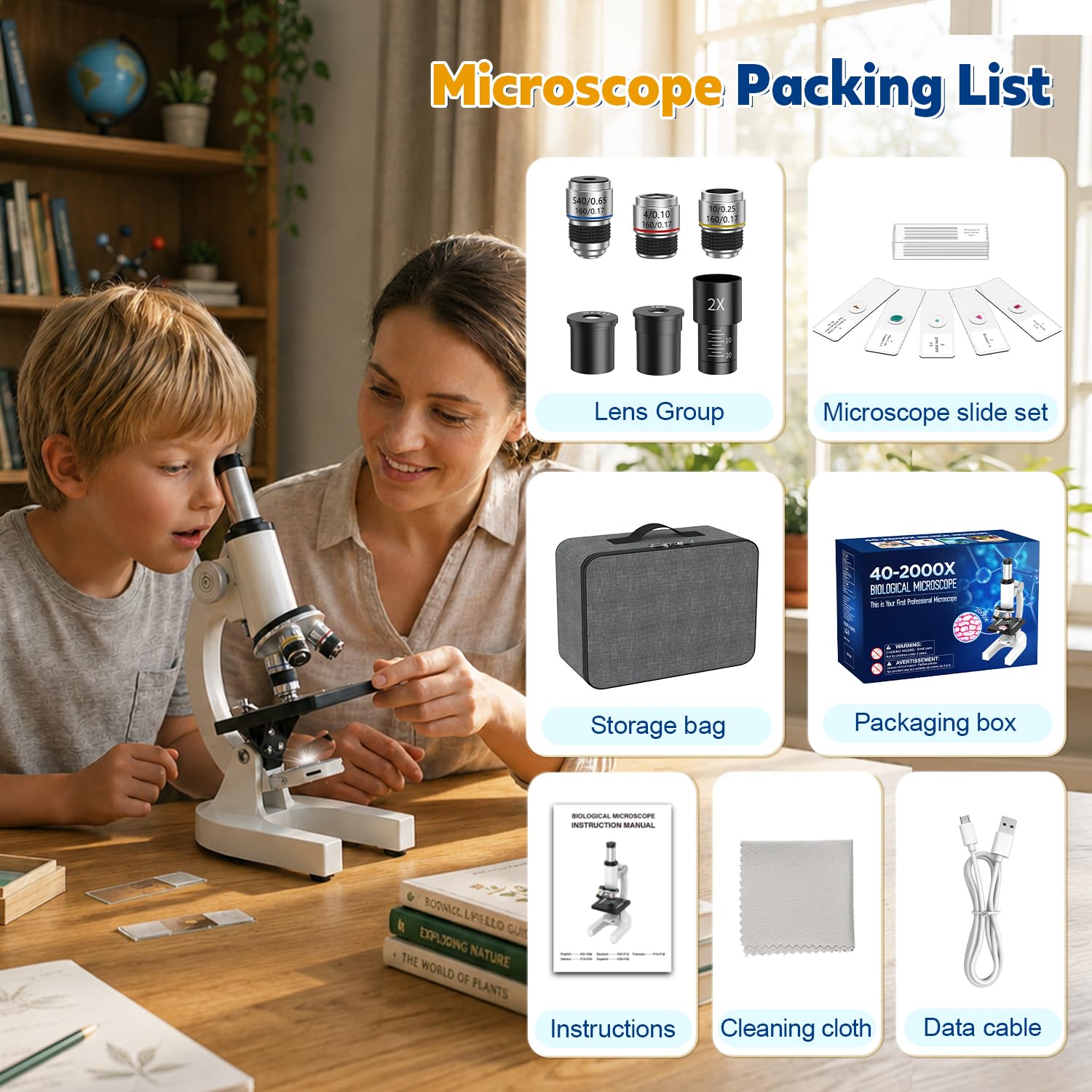 Microscopio compuesto 40X-2000X para niños y adultos: microscopio biológico con diapositivas y estuche de almacenamiento, kit educativo de ciencia de laboratorio escolar para estudiantes principiantes