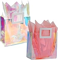 Vista 1 de VUOJUR 2 bolsas de regalo pequeñas reutilizables de 8.3 pulgadas con papel de seda - Coral e iridiscente