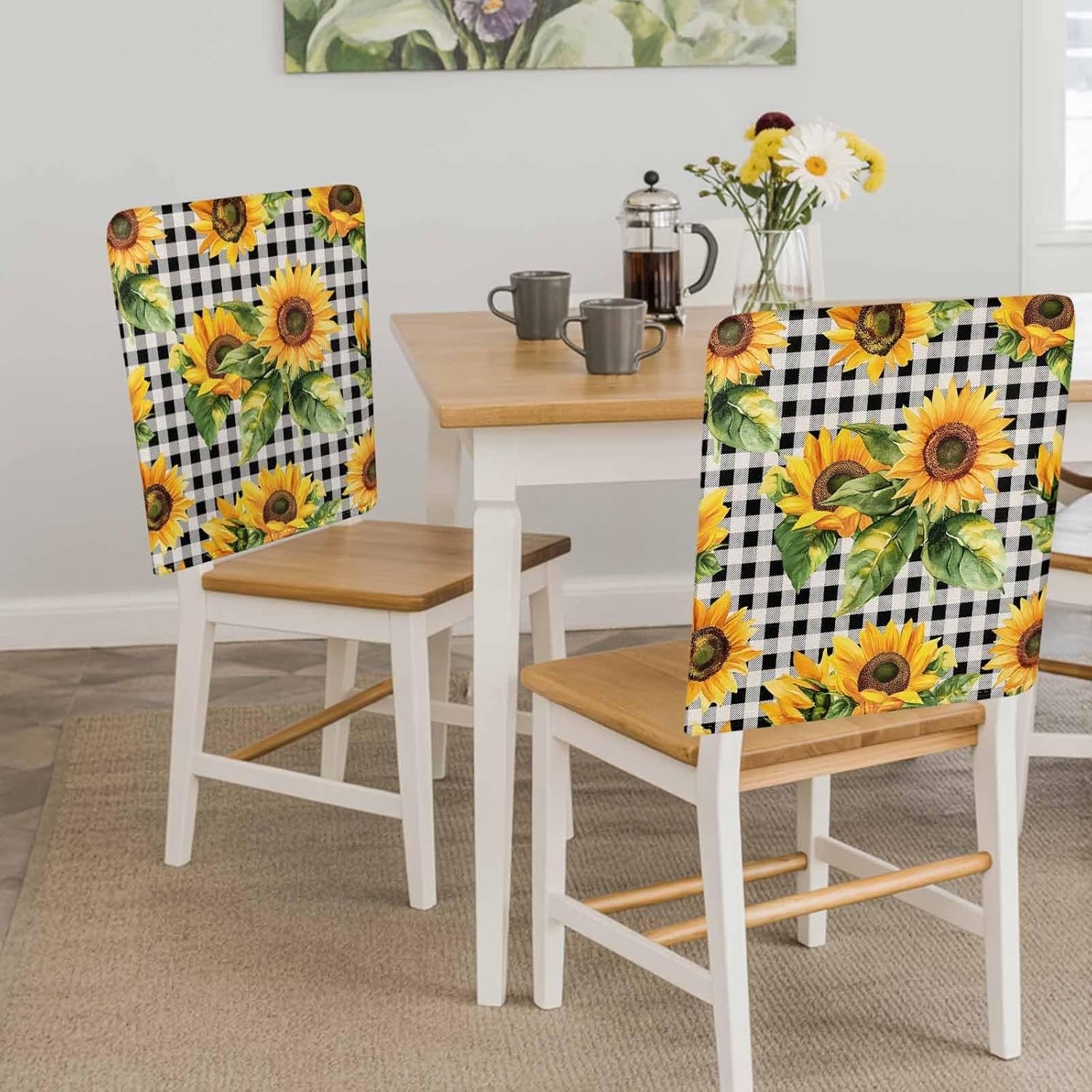 Chair Back Covers Set of 6, Sunflower Black Check Washable Chair Covers for Dining Room, Spring Summer Flowers Botanical Decorative Dining Chair Slipcover for Kitchen, Home, Hotel, 20x19 Inch
