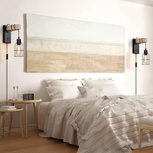 Miniatura 7 de Juego de 2 apliques de pared, lámpara de pared con cable de enchufe con pantalla de jaula de metal, luces de pared con madera maciza para