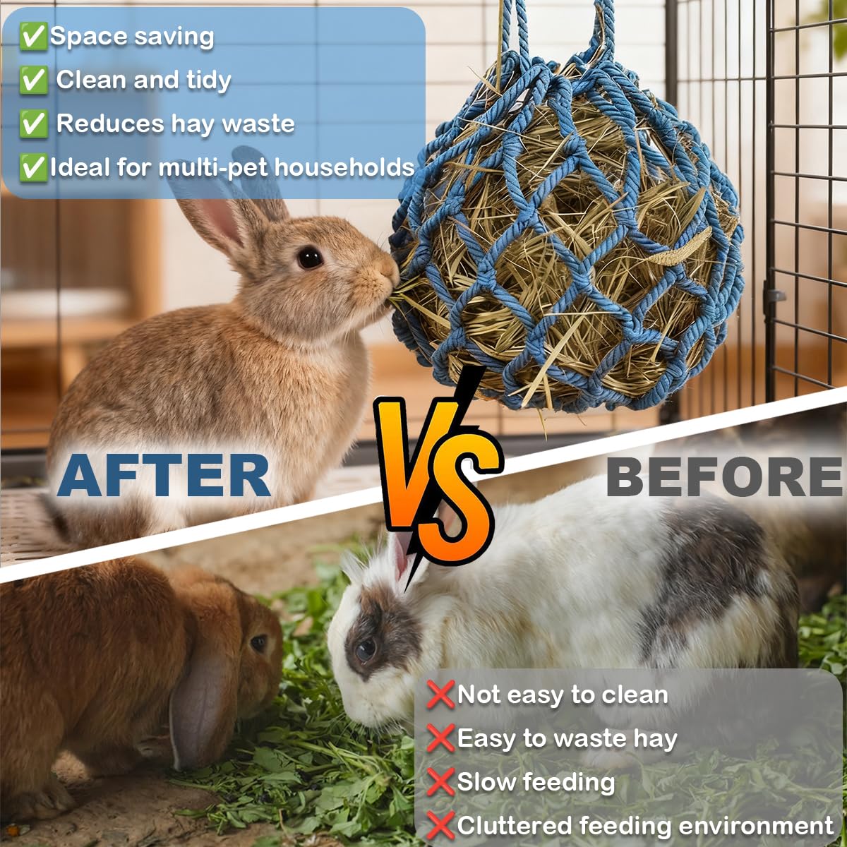 2 Pcs Rabbit Hay Feeder Mesh Bags, 2 Metal Hooks Hanging Hay Mesh Bags, Guinea Pig Hay Bags, High-Capacity Bunny Hay Bag for Rabbits, Chinchillas, Hamsters, Small Pets and Animals - image 3