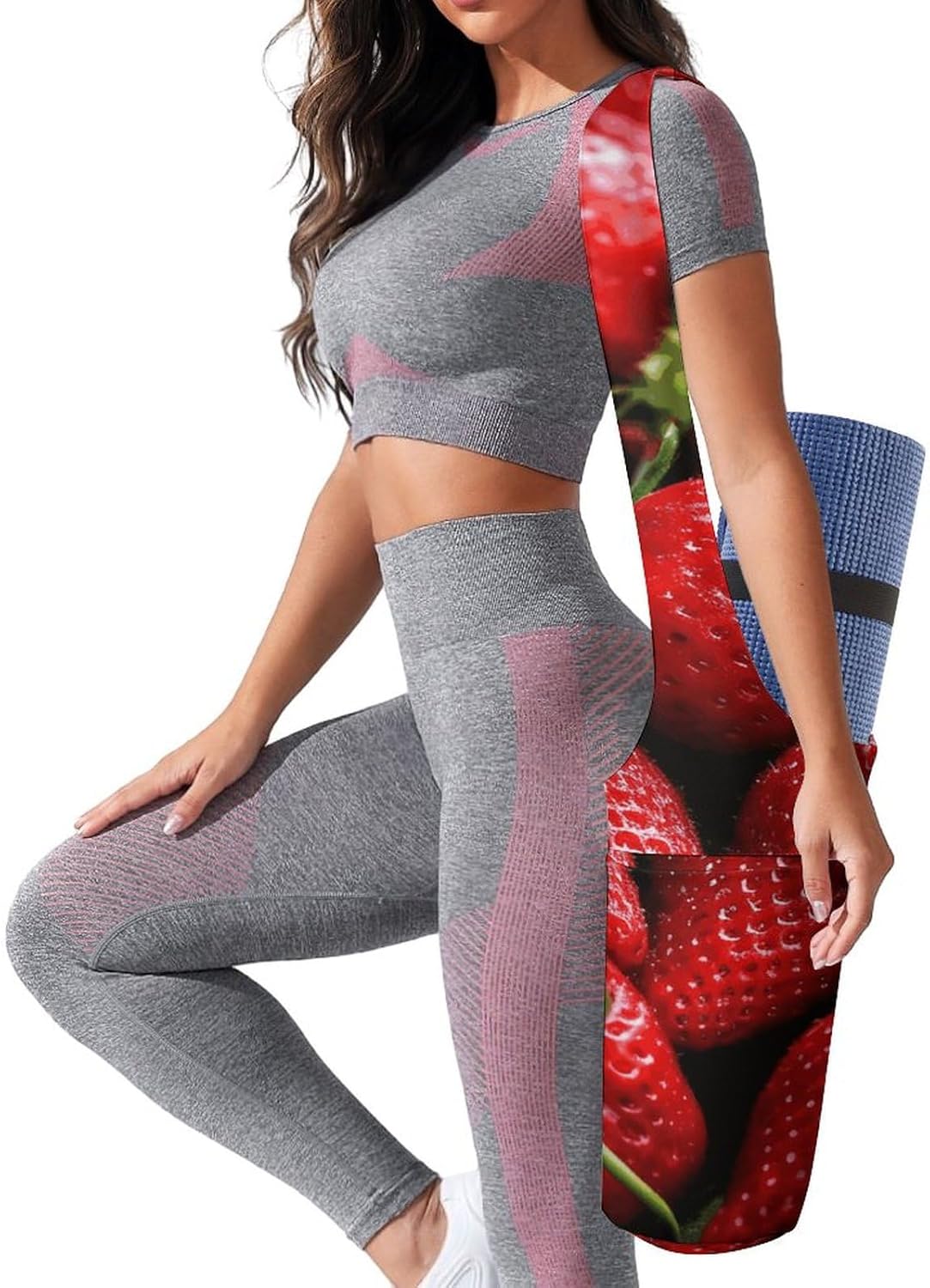 Canvas Yoga Bag,Fresh Strawberries Printed Yoga Mat Handbag,Portable Yoga Mat Bag Large Capacity Gym Bag for Men Women Pilates Beach Travel