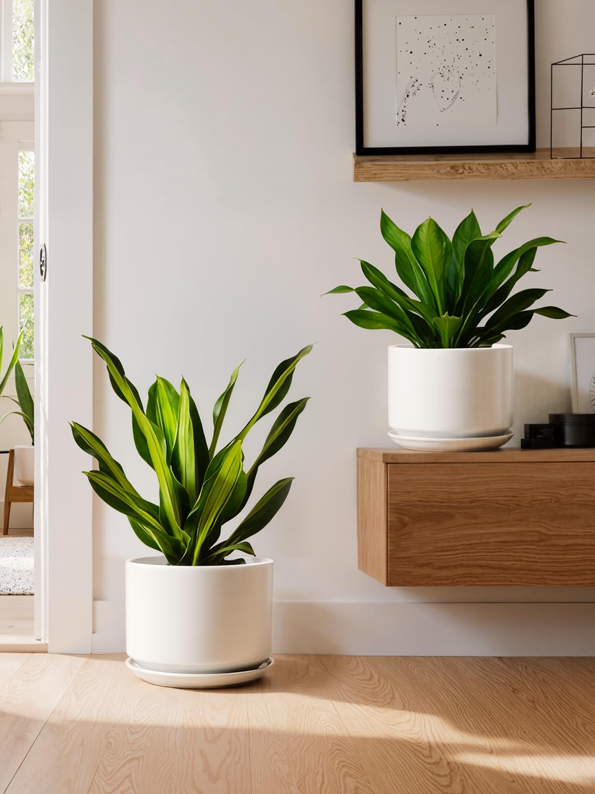 LE TAUCI Keramik Blumentöpfe, 20 cm Übertopf mit Drainageloch & Integrierter Untersetzer, Moderne Minimalistische Pflanzgefäße für Zimmerpflanzen, Weiß