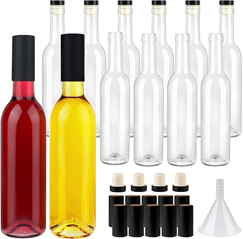 Paquete de 12 botellas de vidrio transparente de 12 onzas con tapas de corcho y cápsulas retráctiles de PVC, botellas de vino vacías de 12.7 fl oz