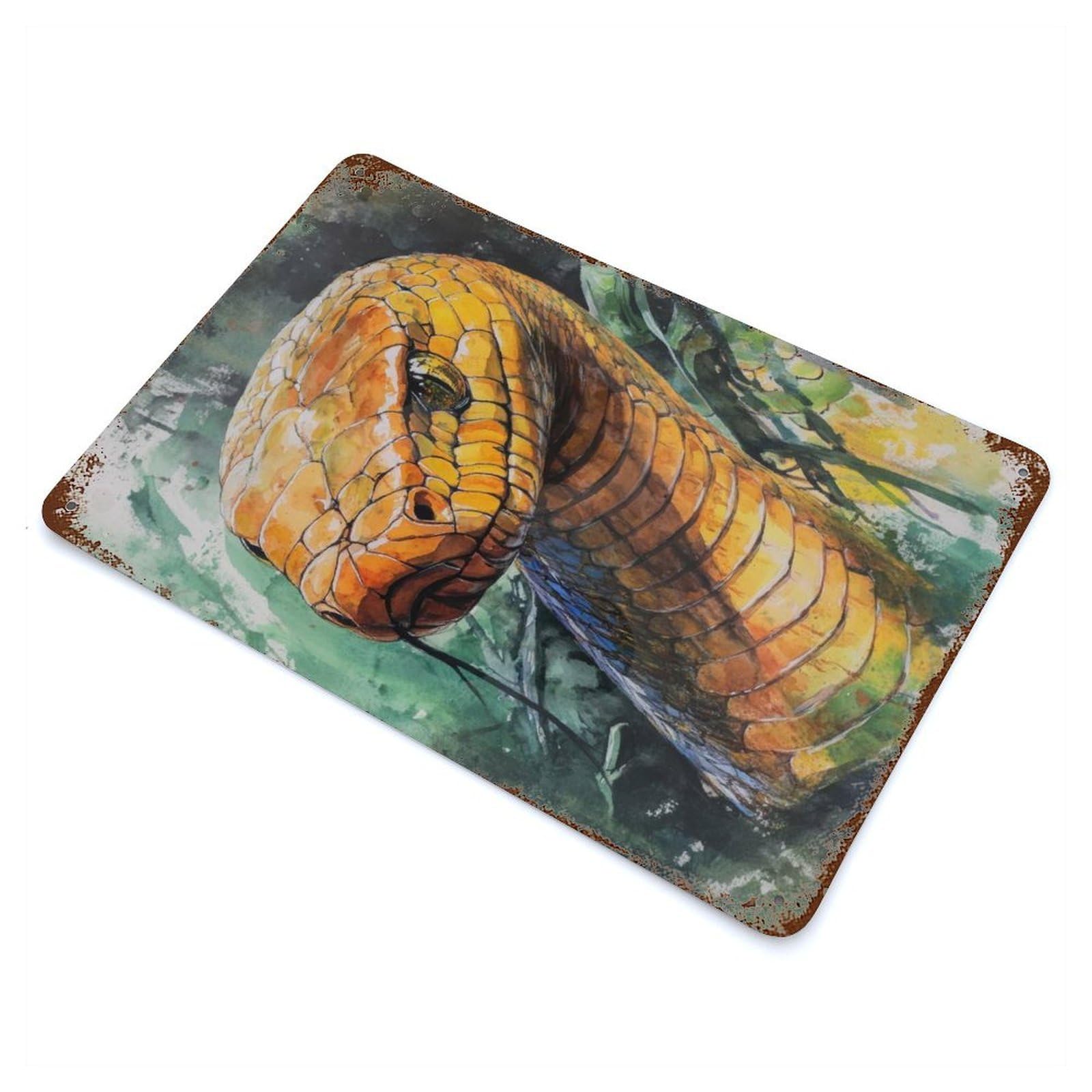 Vintage Rust Metal Sign Watercolor Snake Portrait 11.8"x7.9", Shabby Chic Decor for Cafe, Home Bar And Lounge Decor