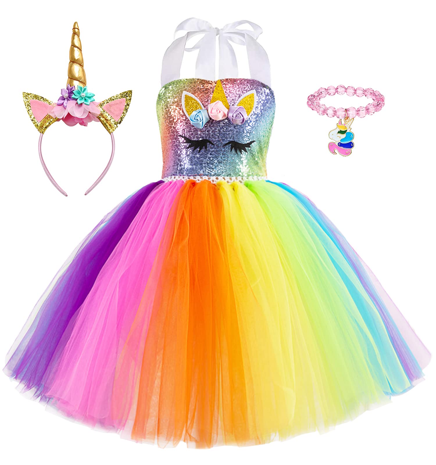 Unicorn Dress for Girls Birthday Outfit Princess Costume Rainbow Tutu  Dress with Headband Dress Up Clothes for Little Girls