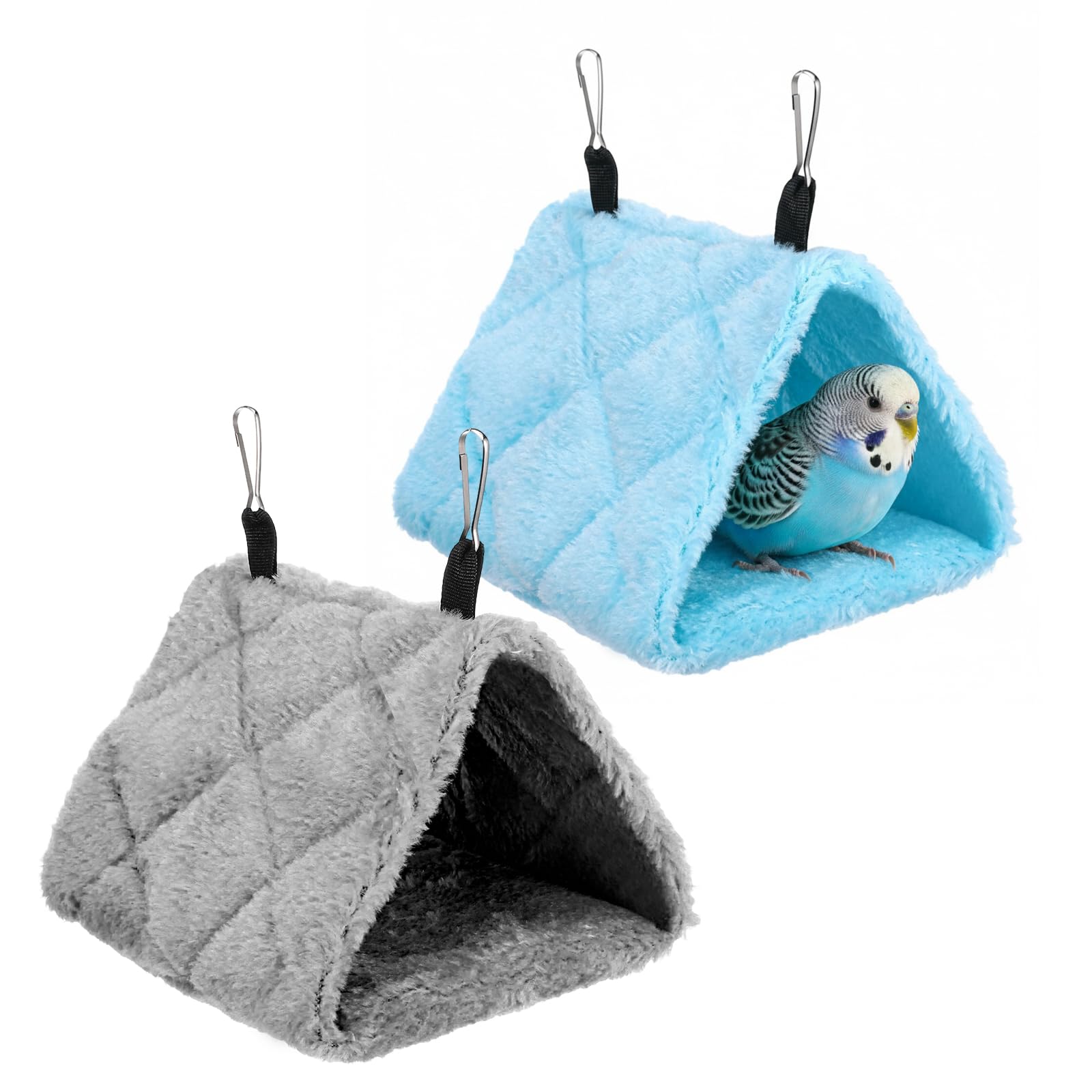 WJIAAA 2 Pack Warm Bird Nest House, Triangle Shed Hut Parrot Sleeping Bed, Solid Color Blue Grey Hanging Cage Hammock, Birds Snuggle Cave Hideaway Tent Plush for Hamster Parrot Macaw Budgies Eclectus