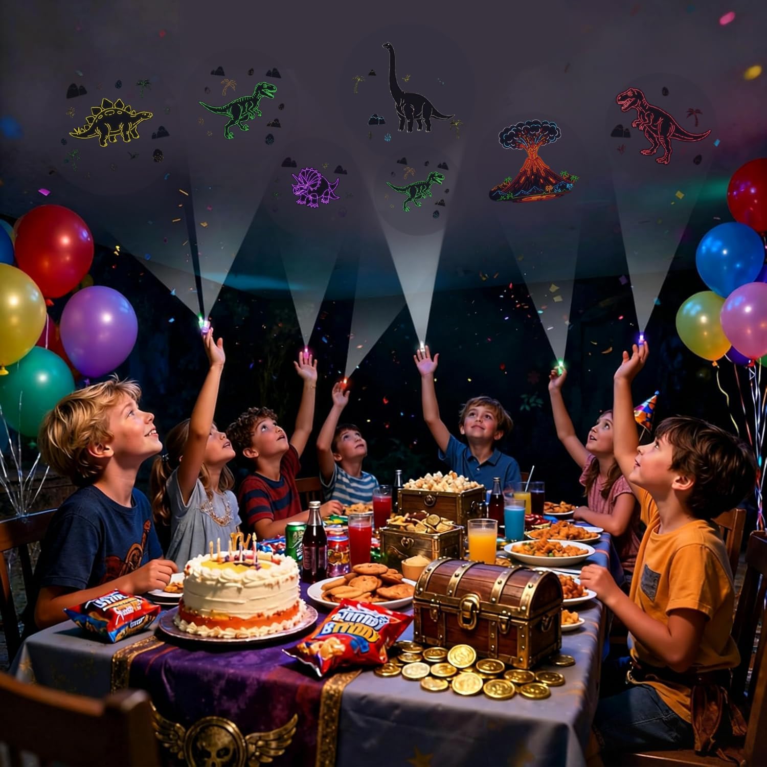 40PCS Dinosaur Party Favors LED Finger Lights for Goodie Bag Stuffers Set | 40pcs dinosaur LED finger lights with 6 designs, great for goodie bag stuffers, treat bags, and party decor.
