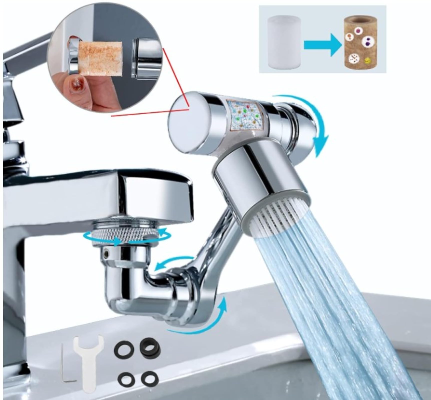 3 Stück Wasserhahnverlängerung, 1 ​ 080° drehbarer Wasserhahnverlängerer aus Kupfer, 2 Modi, 360° schwenkbarer Wasserhahn-Belüfter, Extender für Badezimmer, Küche, Spüle, K Trends. (mit 24 Filtern)