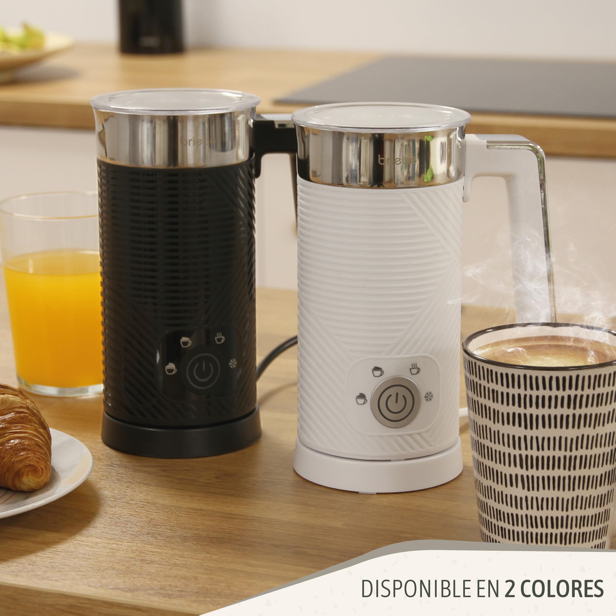 briebe Elegance Espumador de Leche Eléctrico Calentador 4 en 1, Espuma Fría/Caliente 130ml para Café Latte, Capuchino, Macchiato, Leche Caliente 300ml, Milk Frother, Libre BPA, 500W, Diseño Blanco