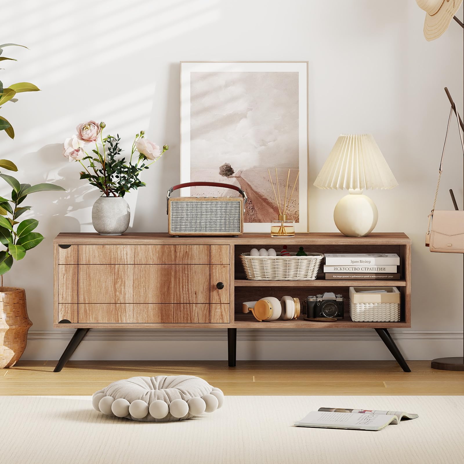 COSTWAY Mobile Porta TV in Legno, Fino a 55 Pollici, Mobile TV Soggiorno | Stand Videogiochi e DVD con 1 Anta, 2 Scomparti e Passacavi, per Camera da Letto, Soggiorno, 120 x 40 x 44,5 cm