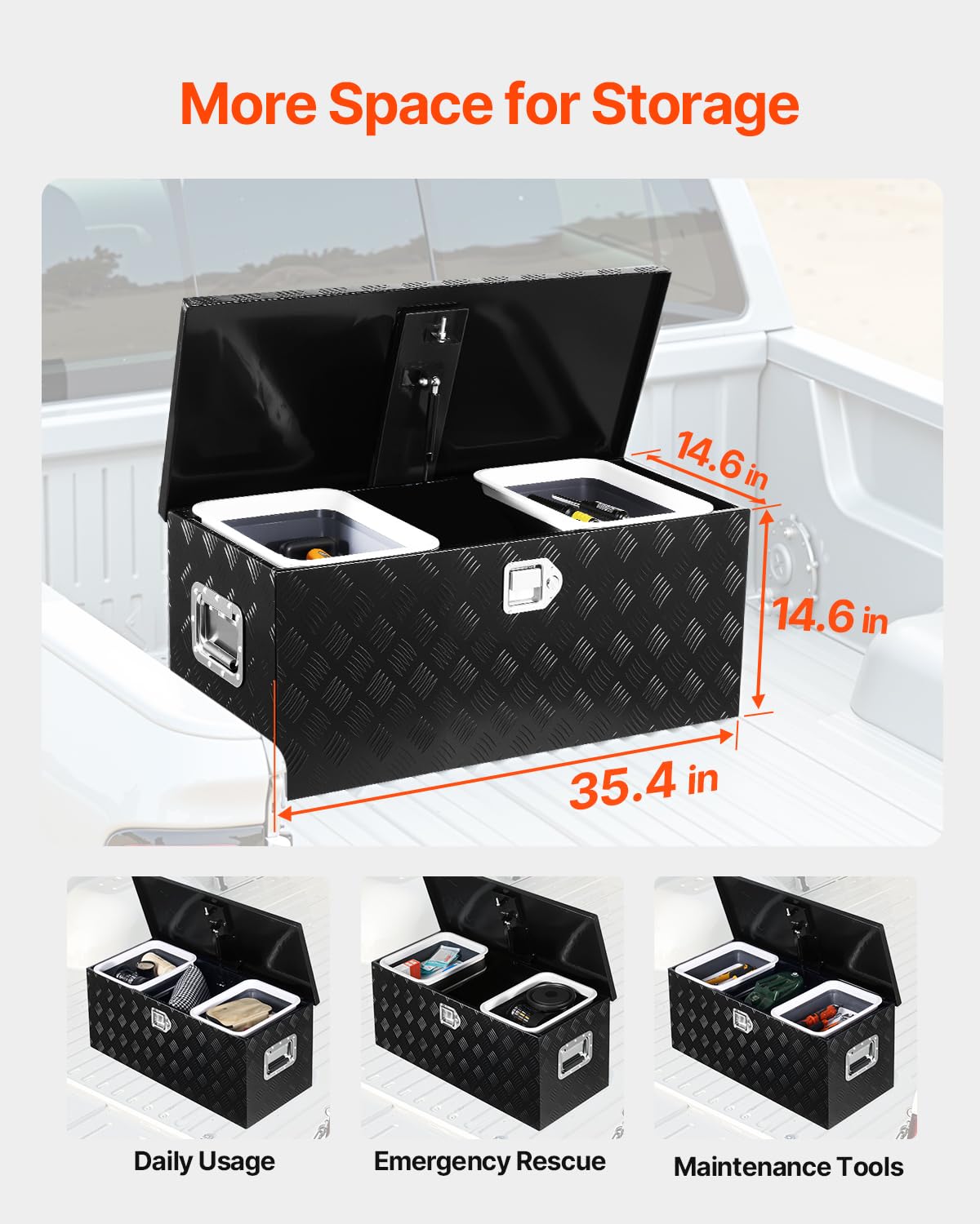 VEVOR Werkzeugkasten aus Aluminium für die Ladefläche, gestreifte Werkzeugkiste (899 x 370 x 370 mm) mit seitlichem Griff & ausziehbarem Regal, Aufbewahrungs-Organizer für Anhänger Schwarz