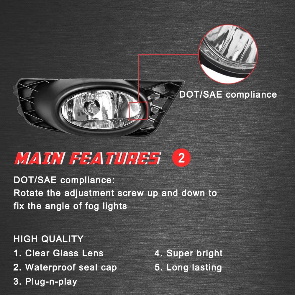 Driving Fog Lights Lamps Replacement for Honda Civic Sedan 2009 2010 2011 with H11 12V 55W Halogen Bulbs & Switch and Wiring Kit (Clear Lens)