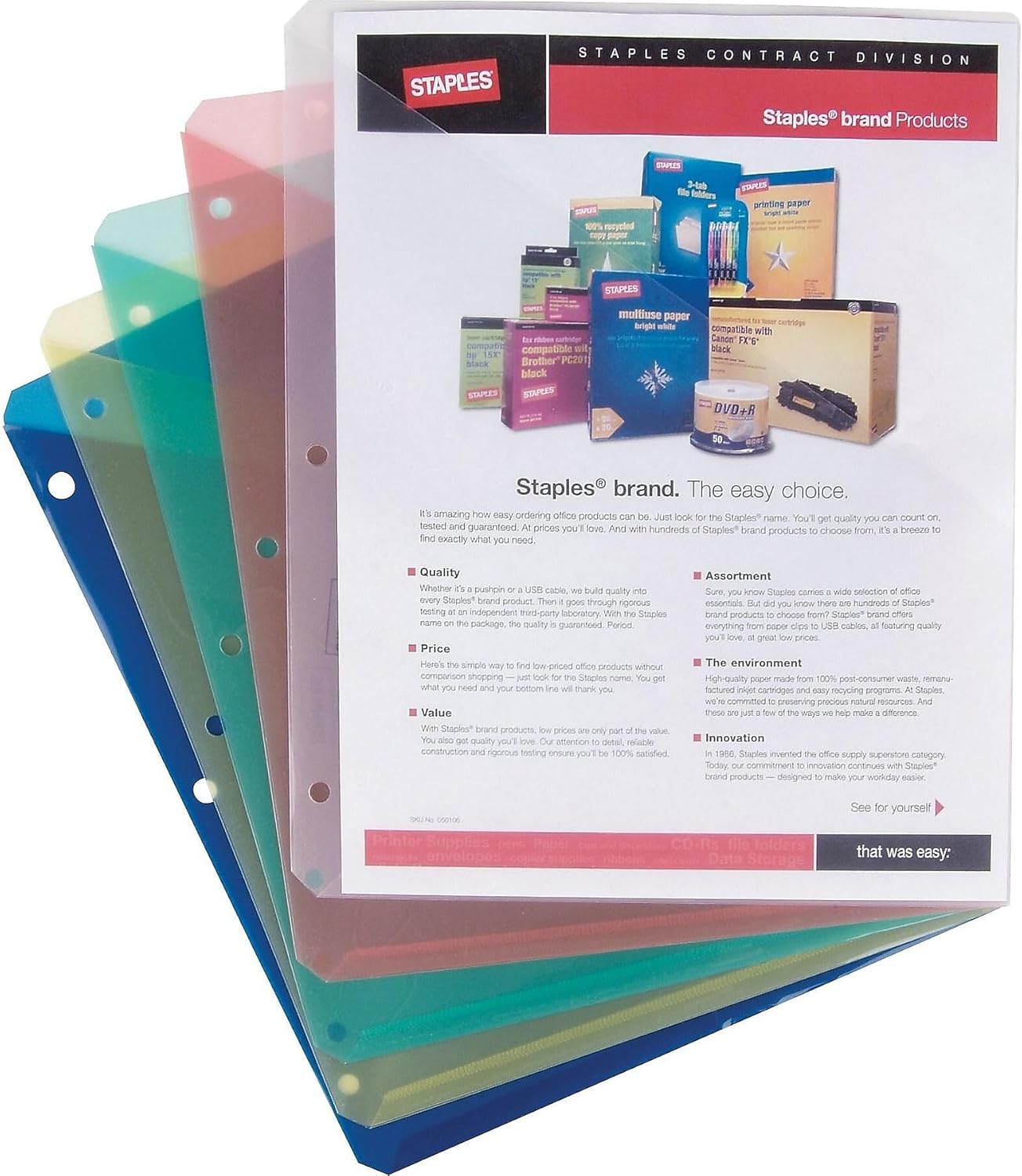 Staples Plastic File Jacket, Letter Size, Assorted, 15