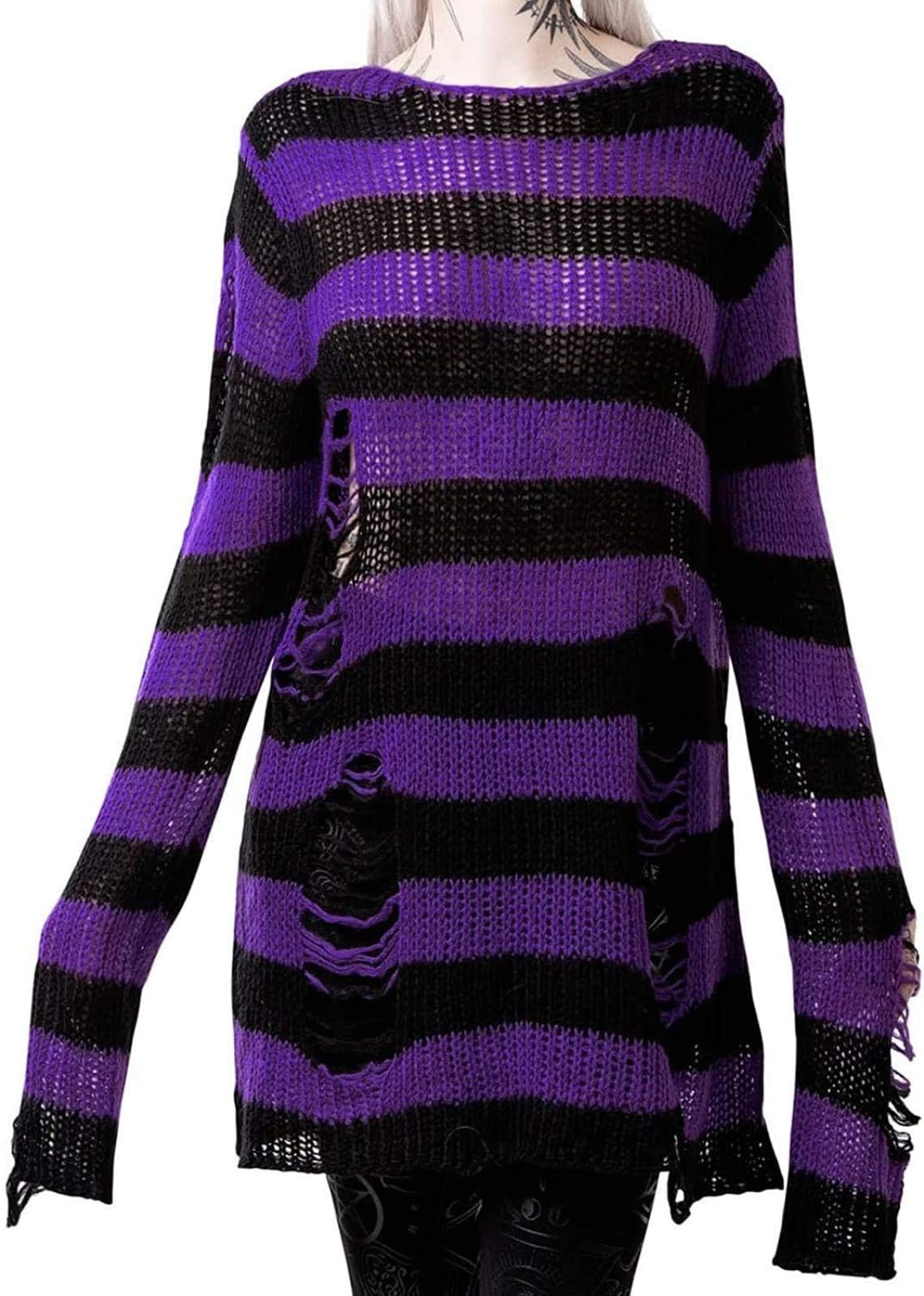 Llecdaseui Women's Black&Purple Gothic Striped Hole Ripped Long Sweater, Y2k Grunge Hollow Out Knit Jumper, Oversized Distressed Pullover Tops (One Size,)