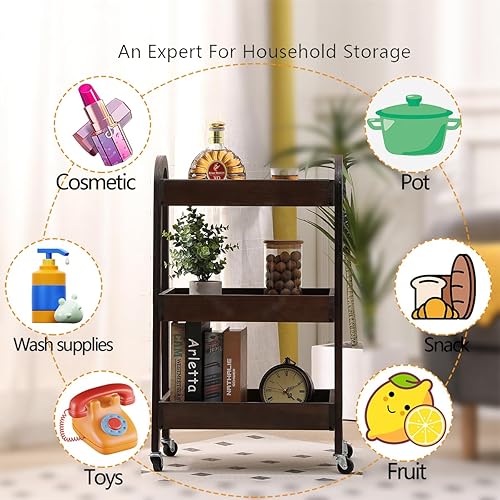 Miniatura 3 de Carrito de 3 niveles para manualidades, carrito de almacenamiento delgado con ruedas, carrito de madera con ruedas, organizador de baño, carrito