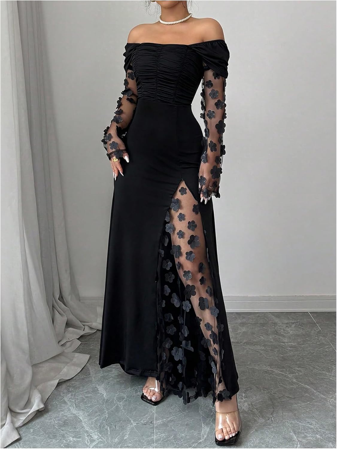 GORGLITTER Women's Off The Shoulder Mesh Maxi Dress Classy Fall Long Sleeve Ruched Cocktail Birthday Dinner Dresses - Image 5