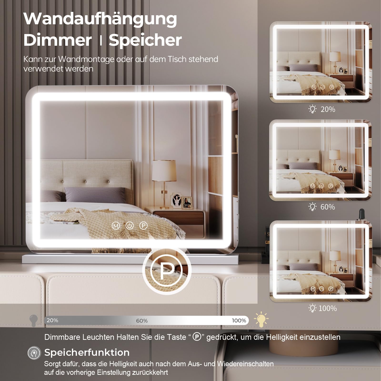 ZL ZELing Kosmetikspiegel mit Lichtern, 58,4 cm großer Make-up-Spiegel mit LED-Lichtern, Smart Touch, dimmbares 3-farbiges Licht, Memory-Funktion, USB-Ladeanschluss und Lupe
