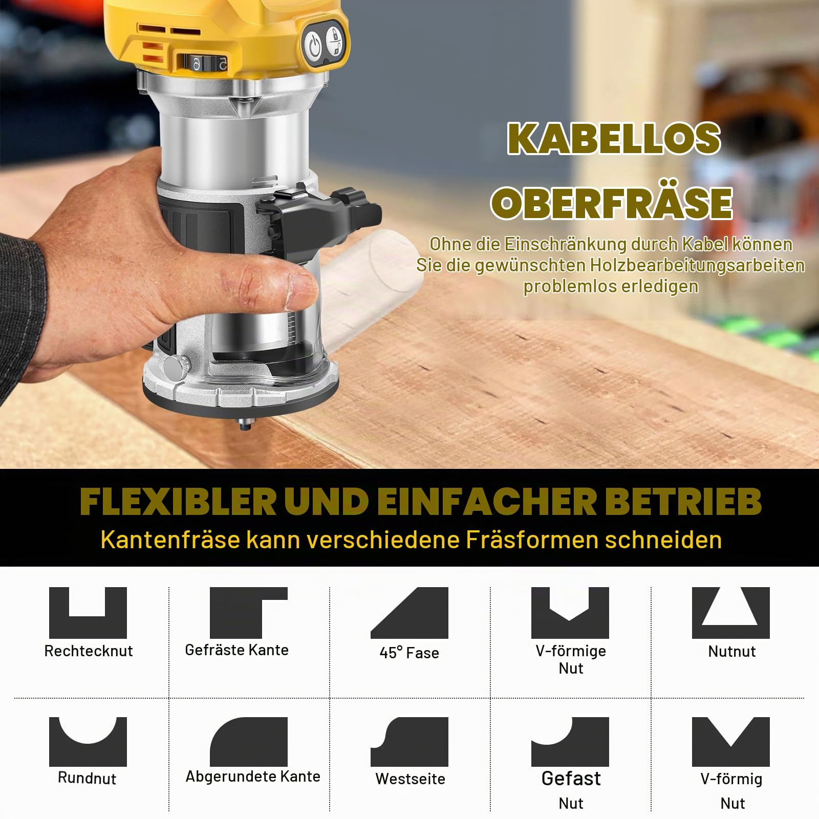 Akku Oberfräse kompatibel mit Dewalt DCB 18V-20V Akku, 800W Oberfräse
