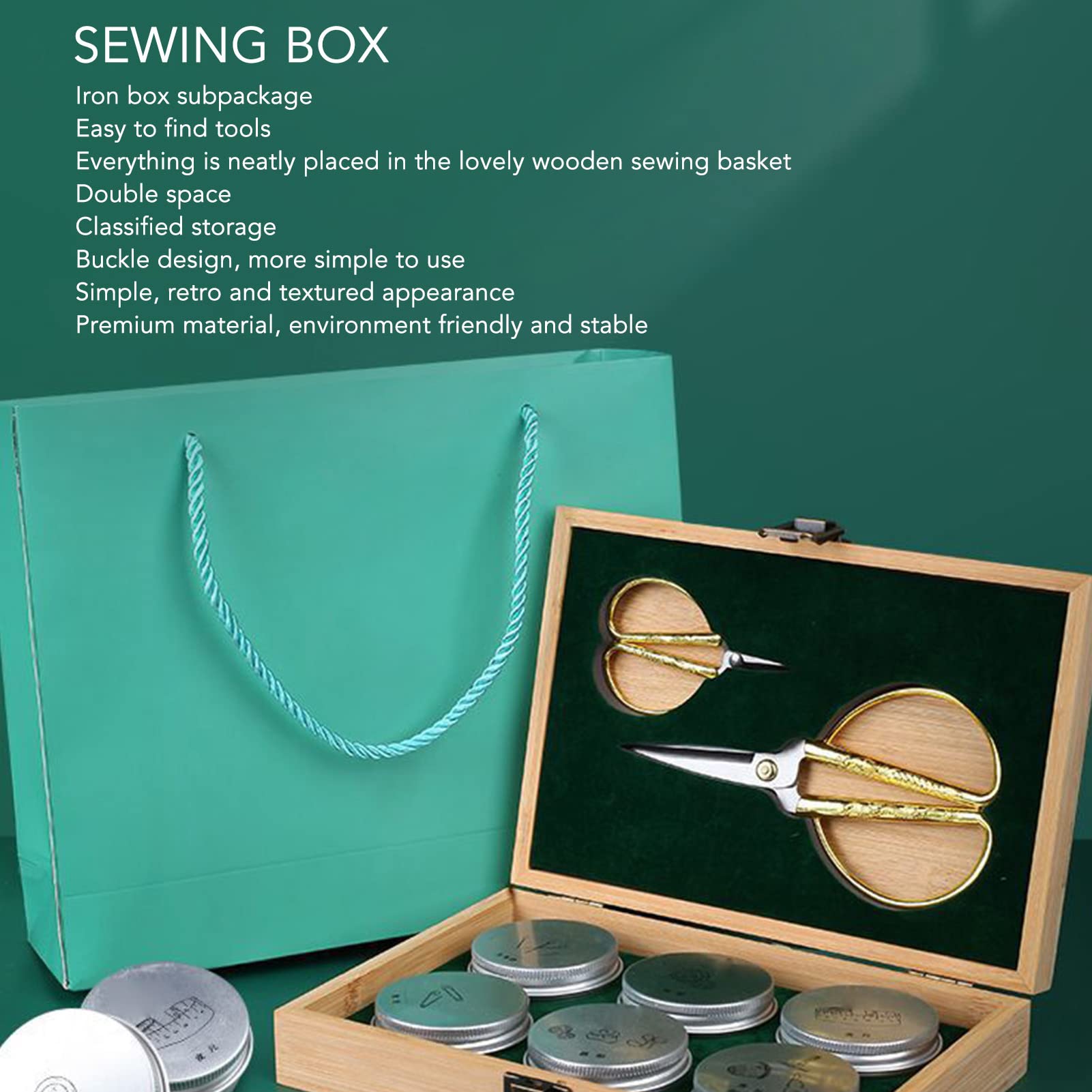 Caja de costura de madera con kit de costura completo, suministros de costura premium, almacenamiento de doble capa para botones, alfileres, hebillas, incluye tijeras, dedal,