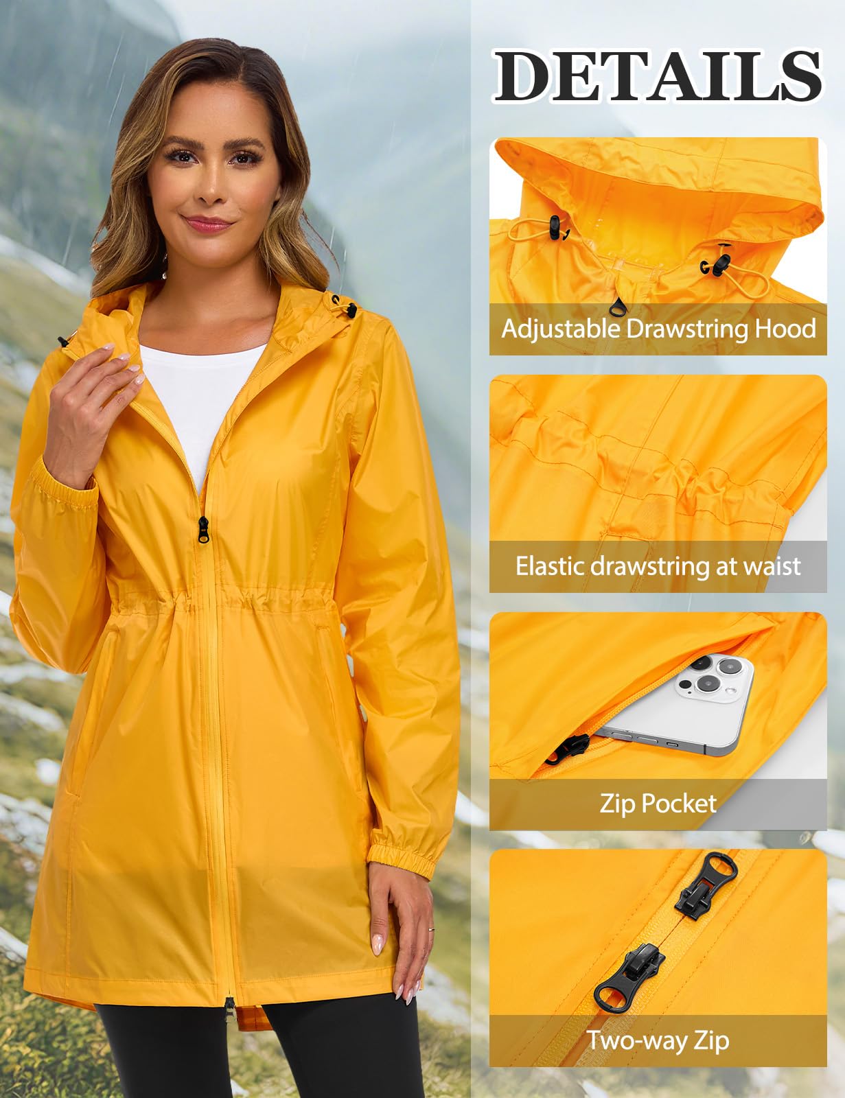 Vancavoo Chubasquero Mujer Impermeable Plegable Raincoat con Capucha Abrigo Impermeables Ligero Softshelljakce Cremallera Primavera Otoño Rain Coat