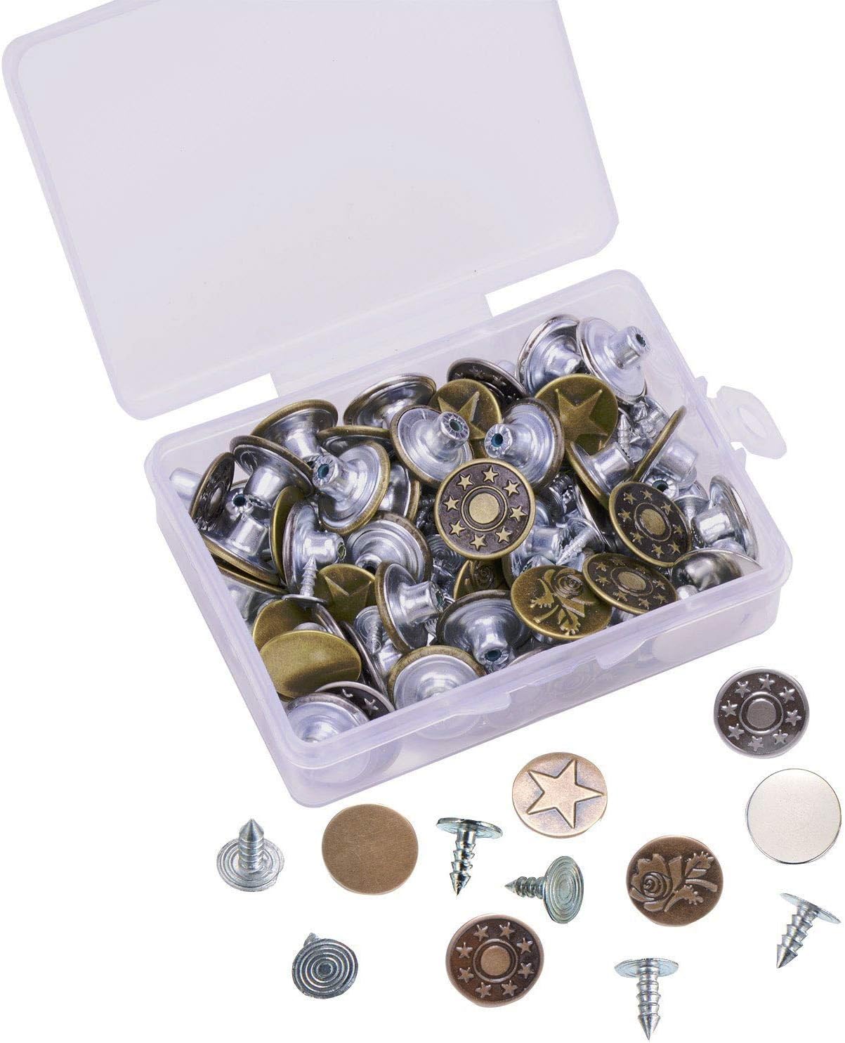 80 Sets Jeans Button Tack Buttons Metal Replacement Kit with Rivets Storage Box, 8 Styles