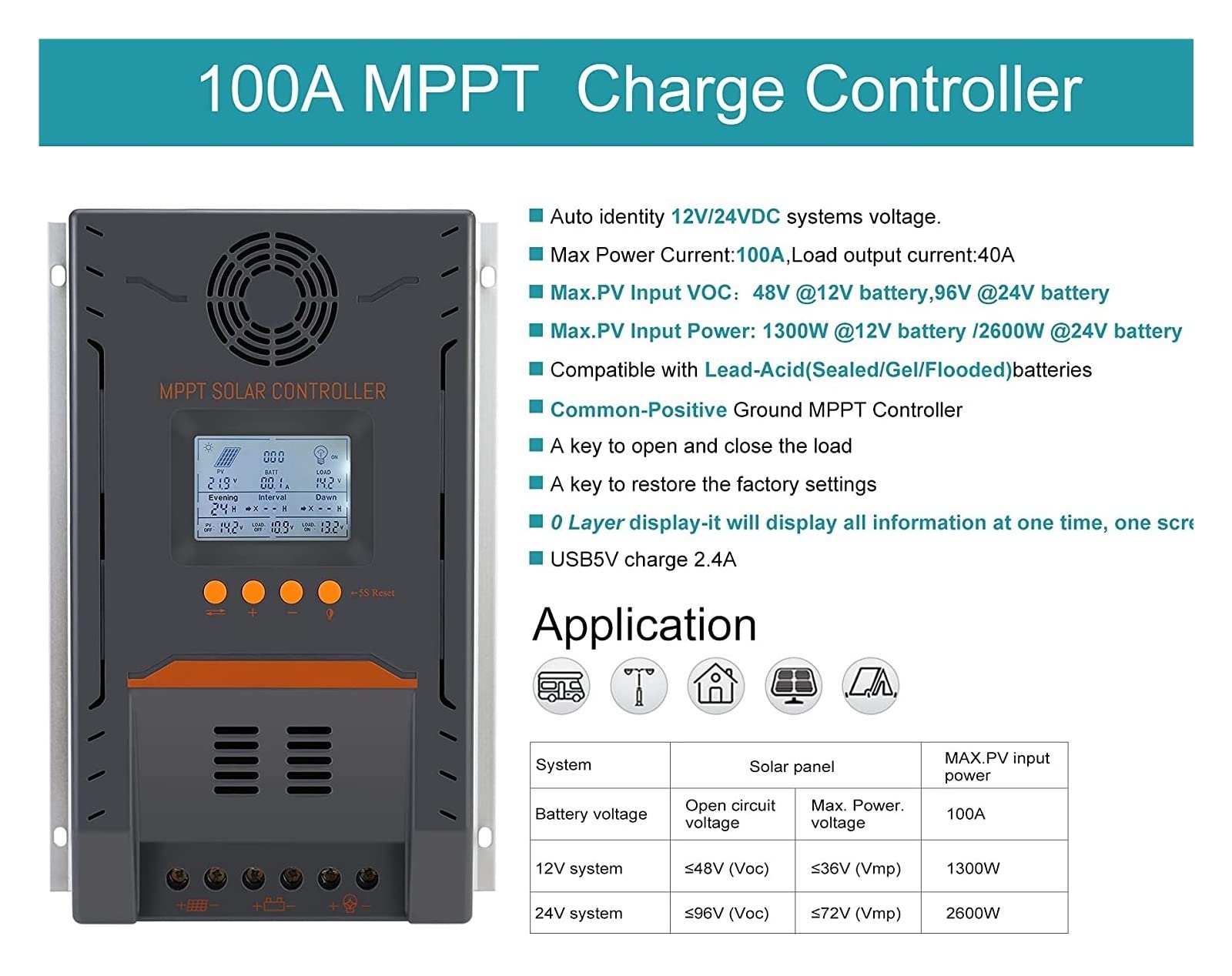 Regulator Słoneczny Kontroler ładowarki słonecznej MPPT 100A 12V 24V automatyczne ładowanie akumulatora Max 100V wejście panelu słonecznego z podświetlanym kontrolerem LCD(100A)