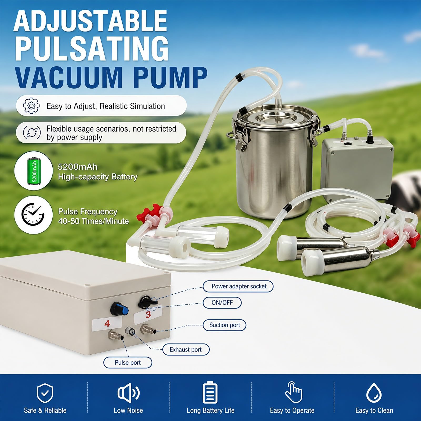 Versión actualizada del ordeñador de ganado for cabras y vacas lecheras | Unidad eléctrica de pulsación de vacío variable, contenedor de acero inoxidable for granja(3L)