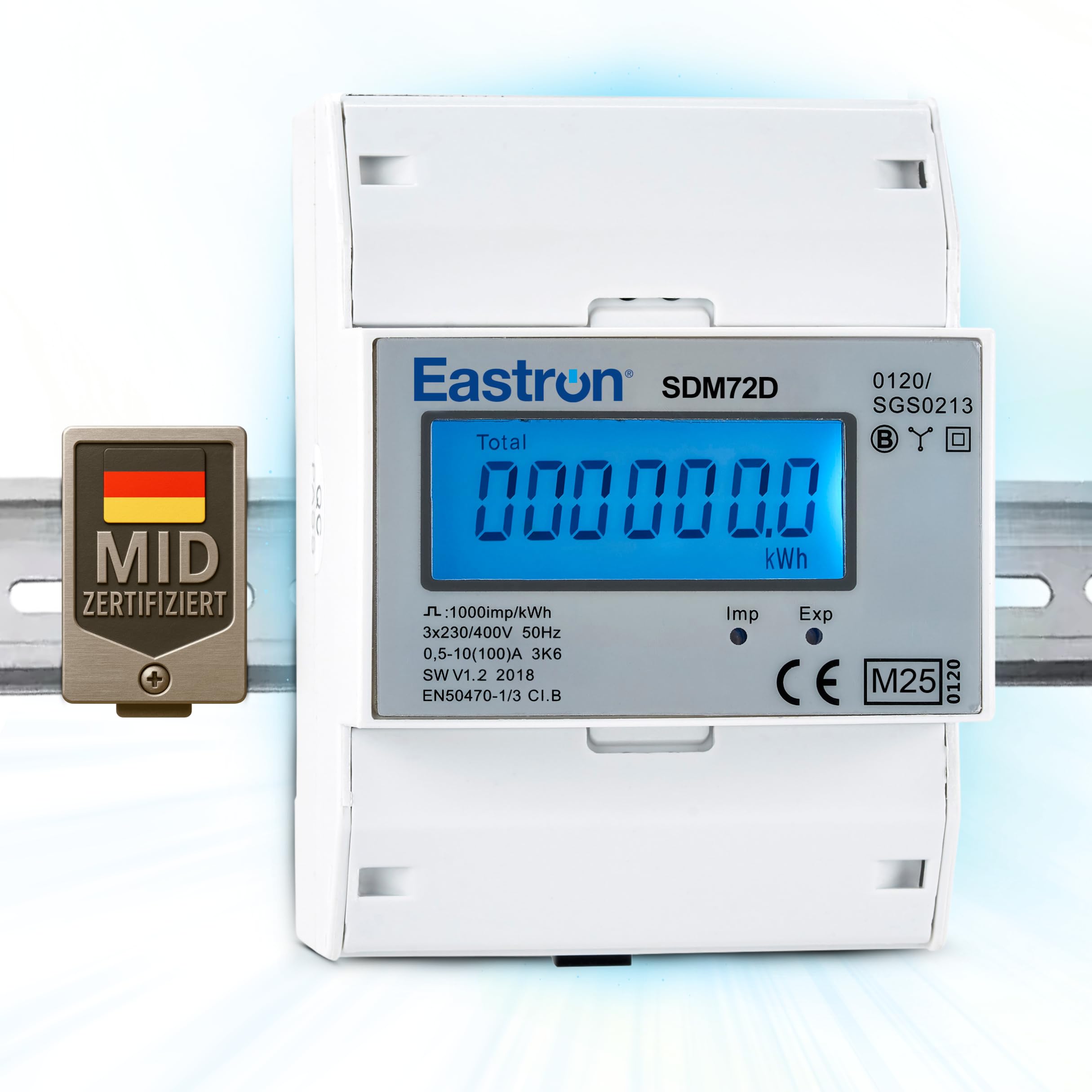 Eastron Measurement Three Phase Four Wire Din Rail MID Energy Meter - displaying 3p4w Characteristics Such as Power, and Active and Reactive Energy - Pulse Output 2 1000imp/kWh (SDM72D-MID)