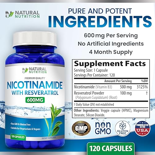 Miniatura 5 de Generic Vitamina natural nicotinamida con resveratrol 600 mg (vitamina B-3) 120 cápsulas vegetarianas sin gluten y sin OMG