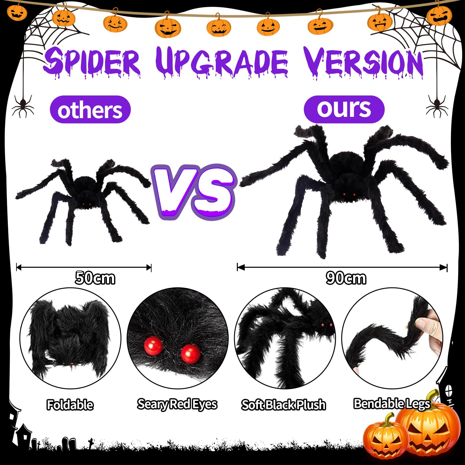 Halloween Decorazioni，135 LED Ragnatela Decorazioni Halloween Case, 40 g Retrattile Ragnatele Halloween con 90 cm Finto Grande Ragno, 8 Modelli Viola Impermeabile Halloween Luci