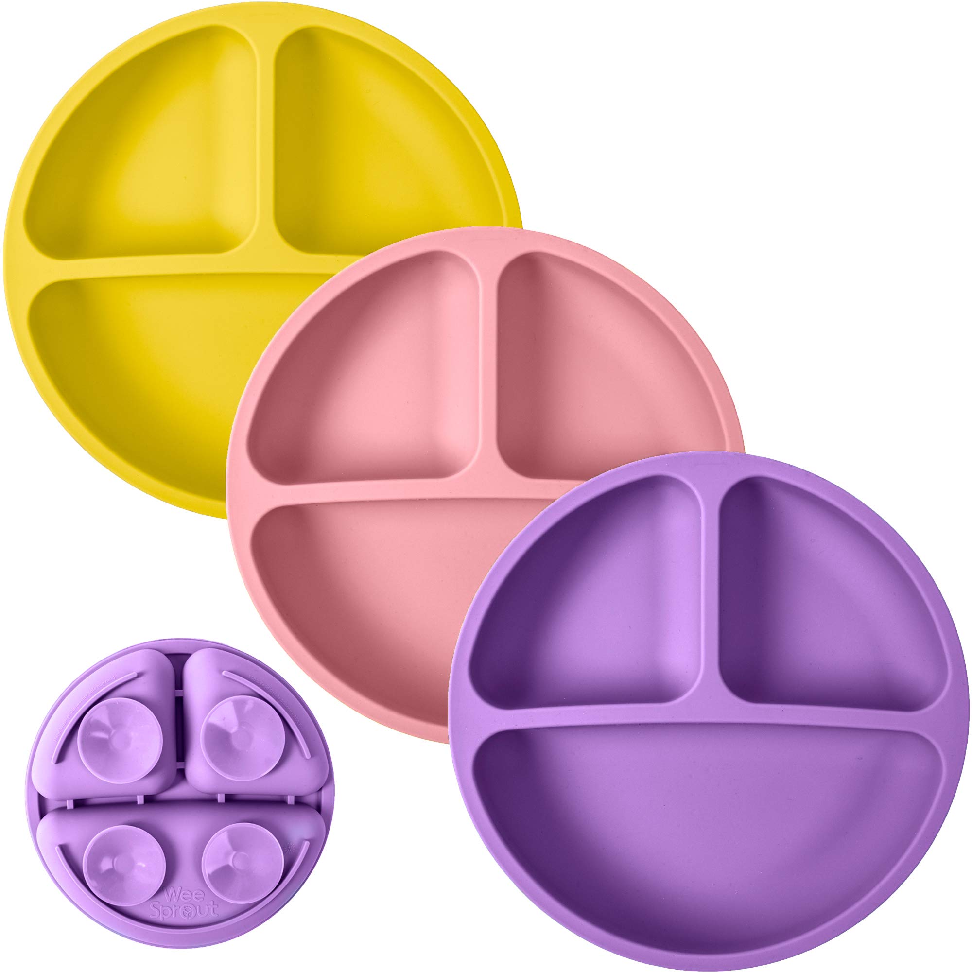 Suction Plates for Babies & Toddlers | 100% Silicone | Plates Stay Put with Suction Feature | Divided Design | Microwave & Dishwasher Safe | 3 Pack
