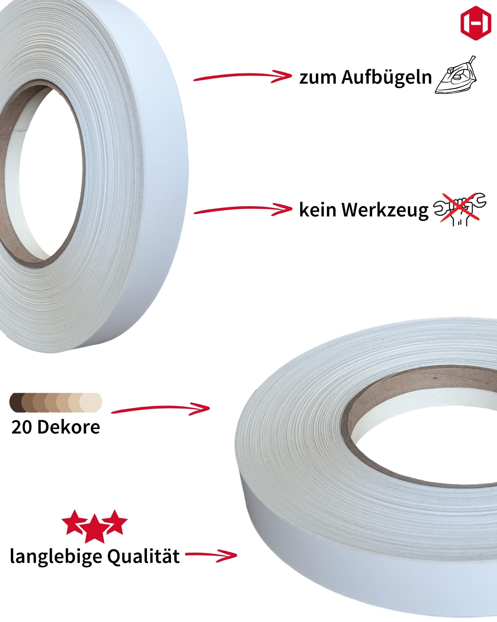 Gedotec Kantenumleimer 21 mm | 100 m Rolle | Weiss Glatt | Umleimer zum Aufbügeln | mit integriertem Schmelzkleber | Kantenband für Möbel | Melaminleiste | Holzfurnier | Möbelkanten-Band