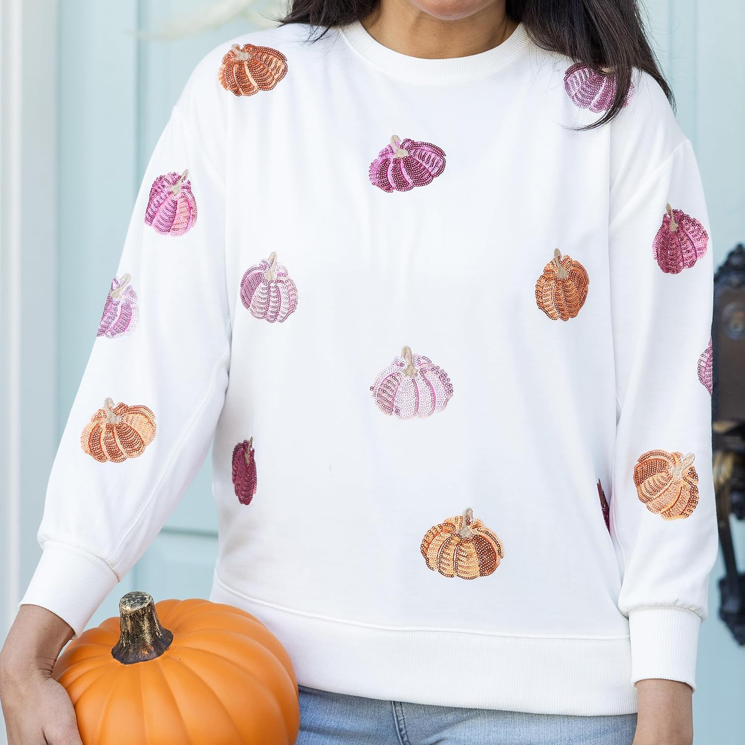Mary Square Fall Autumn Womens Soft Polyester Blend Colorful Crew Neck Sweatshirt