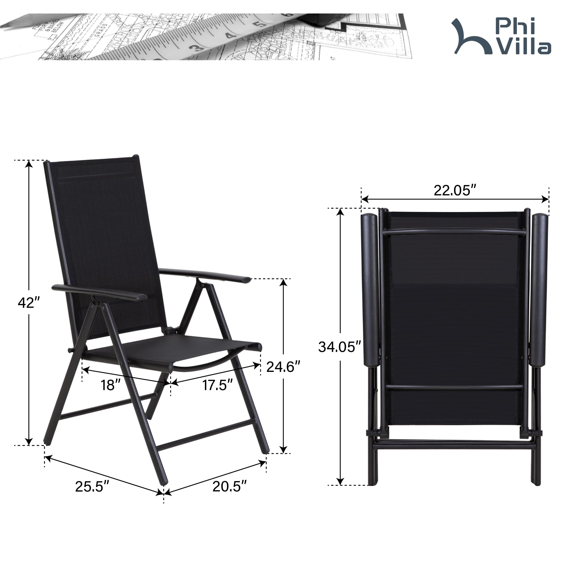 PHI VILLA 2er Sets Gartenstühle mit Aluminiumrahmen, 6X verstellbar mit 7 sitzpositionen Gartenstuhl Klappstühle Gartensessel Wetterresistent
