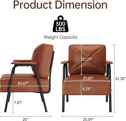 Miniatura 2 de Lamerge Juego de 2 sillas de acento de piel sintética, silla moderna de mediados de siglo para sala de estar, dormitorio, oficina, café, marrón