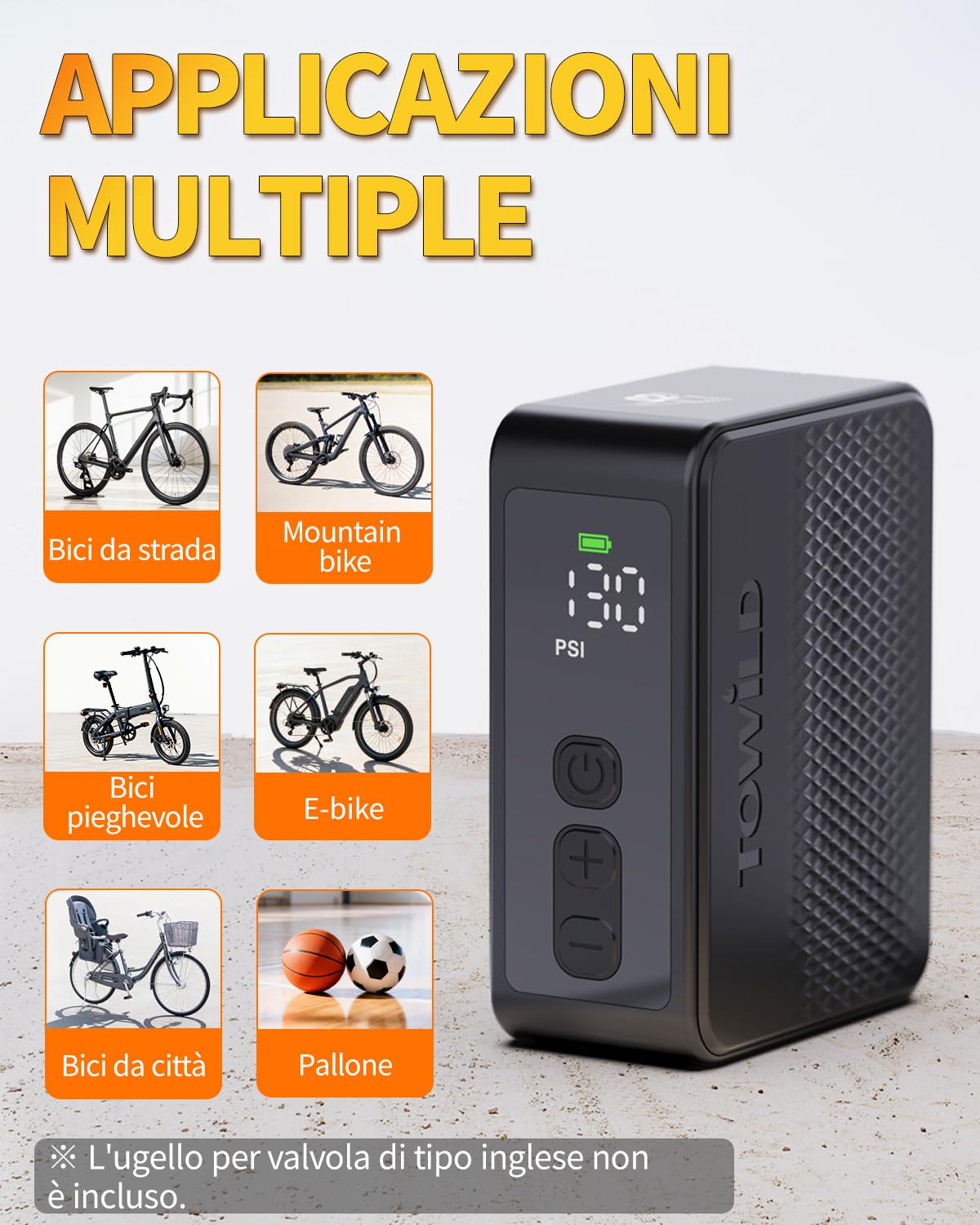 TOWILD A13 Pompa Elettrica per Bici, Max 130 PSI Mini Compressore d'aria elettrico, Funzione di Arresto Automatico Ricaricabile Type-C, Valvole Presta e Schrader per Biciclette da Strada, MTB, E-bike