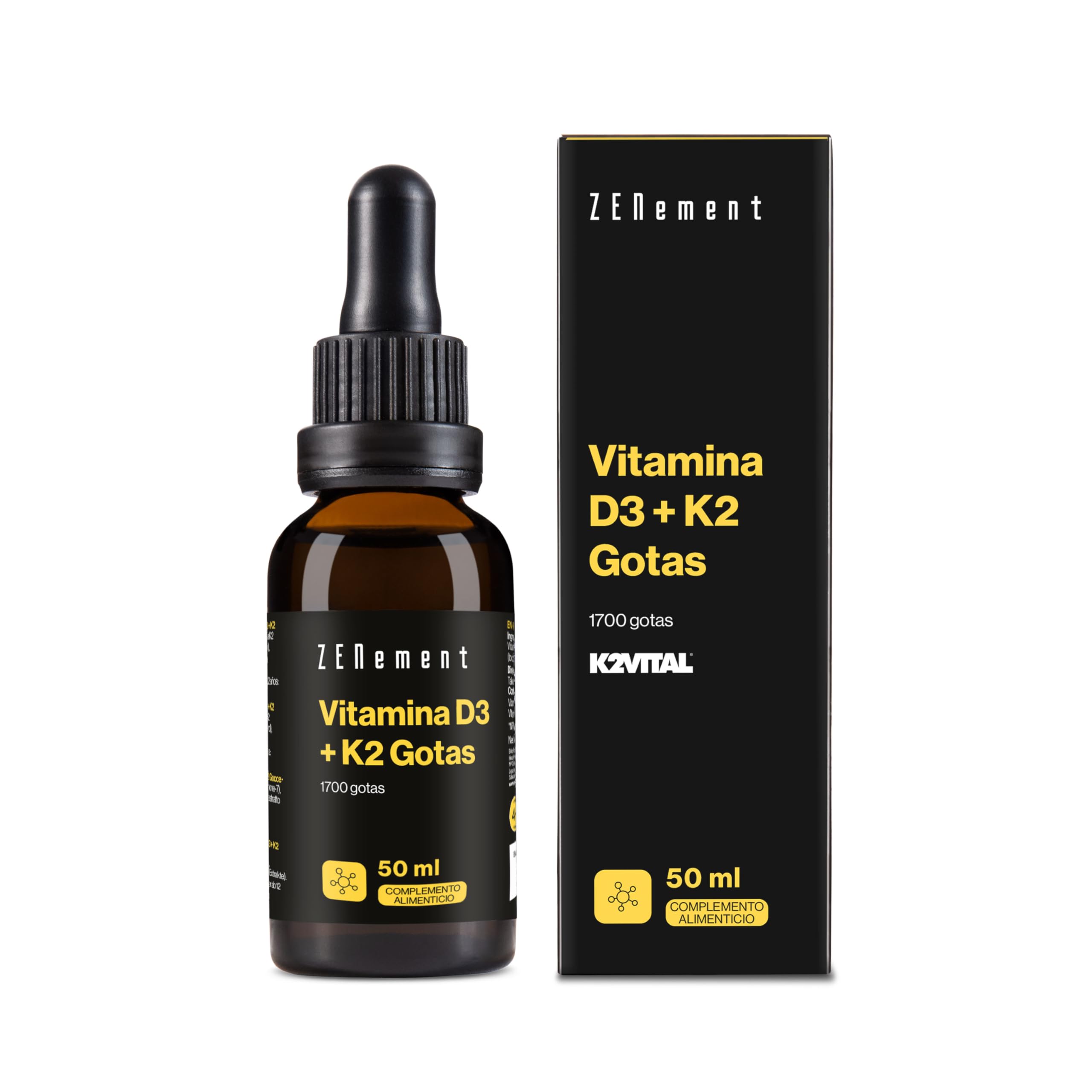 Vitamina D3 + K2 Gotas - Ingredientes Premium K2VITAL® MK-7 All-Trans 99,7% y Vitamina D3 Natural de Lanolina - para los Huesos y el Sistema Inmunitario - 1700 Gotas (50 ml) - Zenement