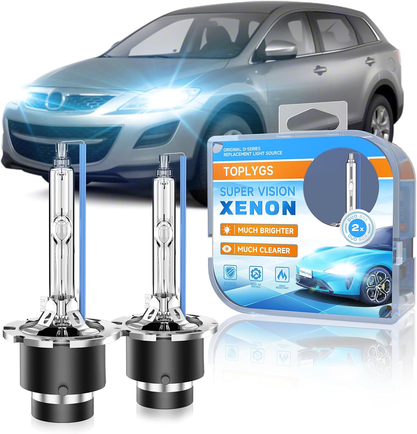 D2S HID Headlight Bulb for 2007 2008 2009 2010 2012 Mazda CX9 CX7 3 5 6, 2006-2015 Miata MX5 HID Headlights Xenon Bulbs, 8000K Blue, OEM Replacement Low Beam Xenon Lights, Pack of 2