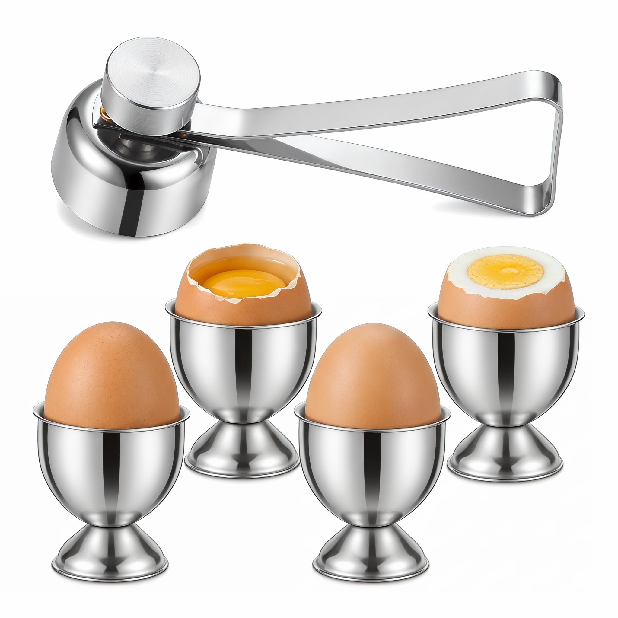 Egg Cups, 5PCS Boiled Egg Holder with Egg Cracker Tool, Egg Holder Stackable Egg Cup Set Stainless Steel Creative Egg Holder Set for Home Kitchen(Silvery)