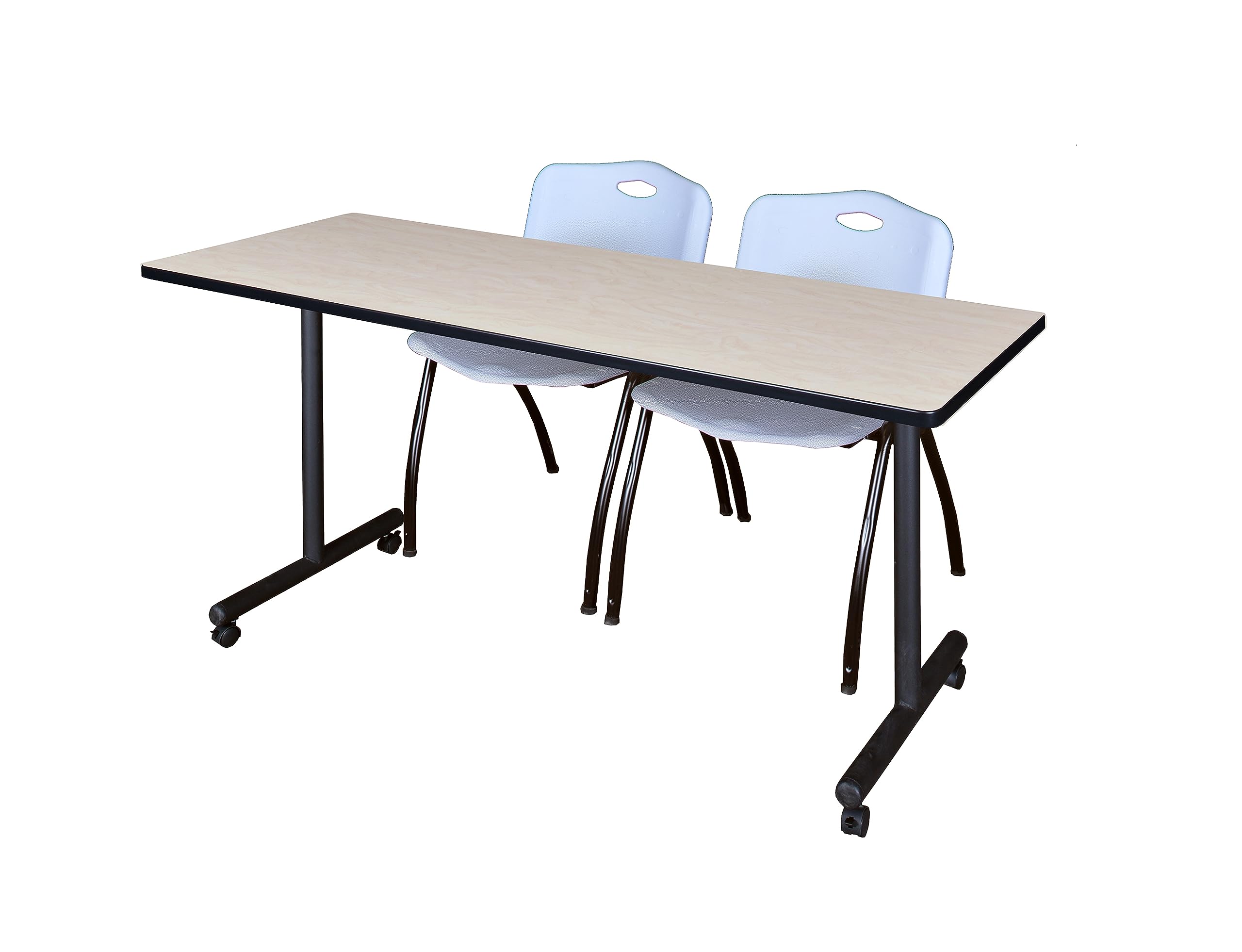Romig Axis-Pro 72 x 24 in. Mobile T-Base Training Table- Maple, 2 M Stack Chairs- Grey