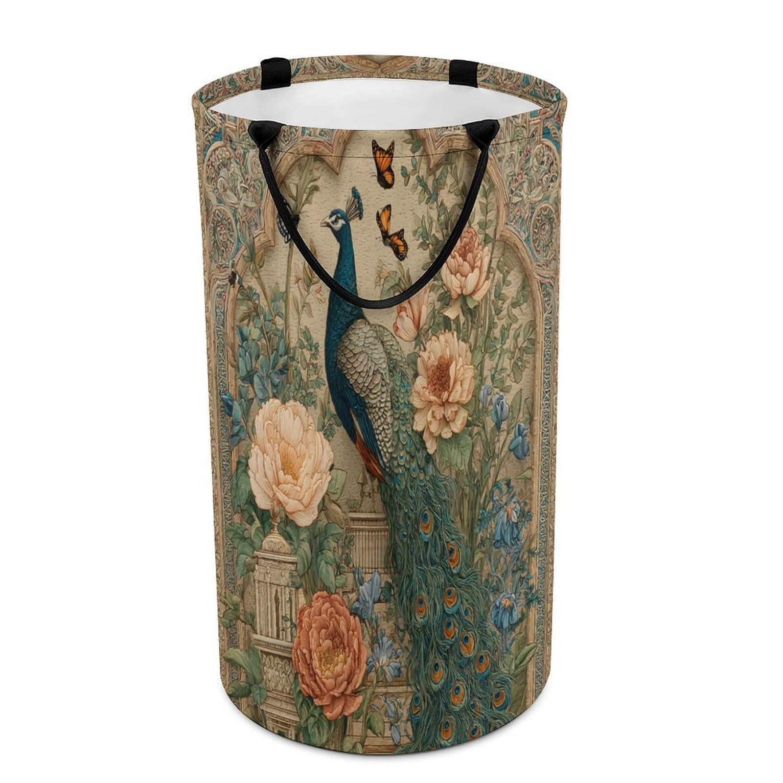 LUYYSKY Rustic Watercolor Elegant Peacock Versatile Storage Laundry Basket, Mid Century Boho Animal Butterflies Peacock Plant Floral Large Bathroom Laundry Hamper With Handle-40 CM Dia, 69 CM High