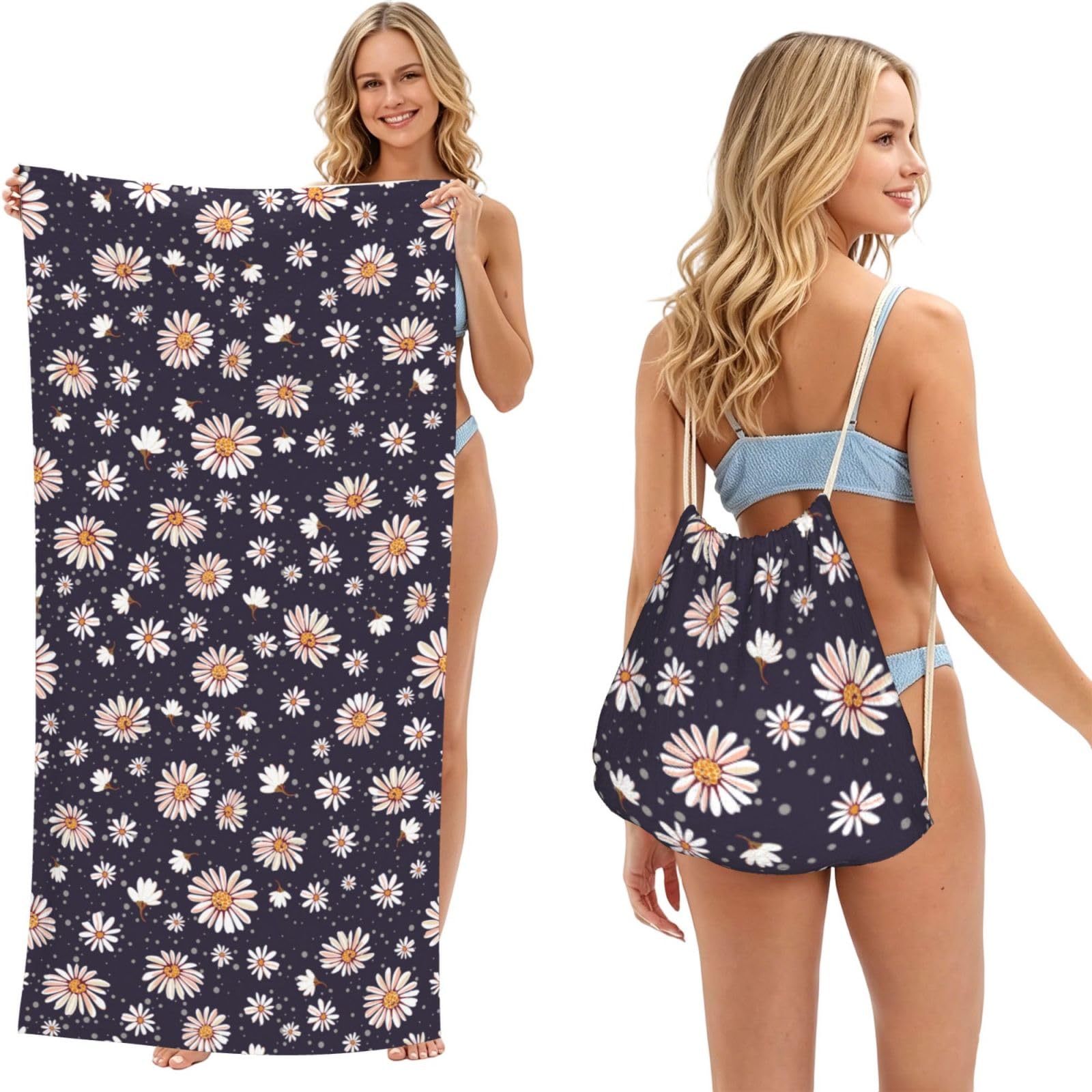 Poadnly As Picture Daisy Pattern, 2 In 1 Packable Towel Bag, Beach Towels With Drawstring Backpack For Travel Holiday Camping