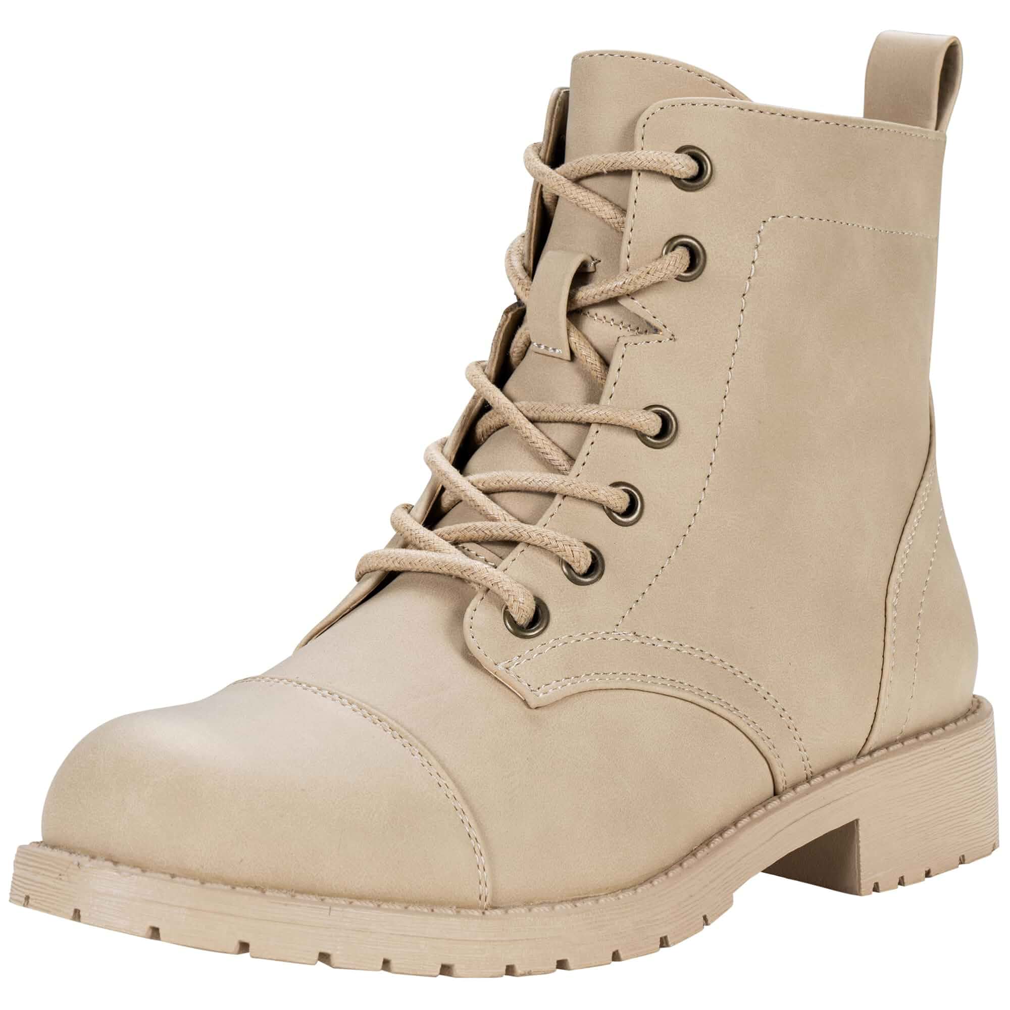 Vepose Women's Lace Up Combat Ankle Boots, Cap Toe Low Block Heel Comfortable booties with easy side zipper entry and memory foam cushioning, for denim, dresses, city days and travel