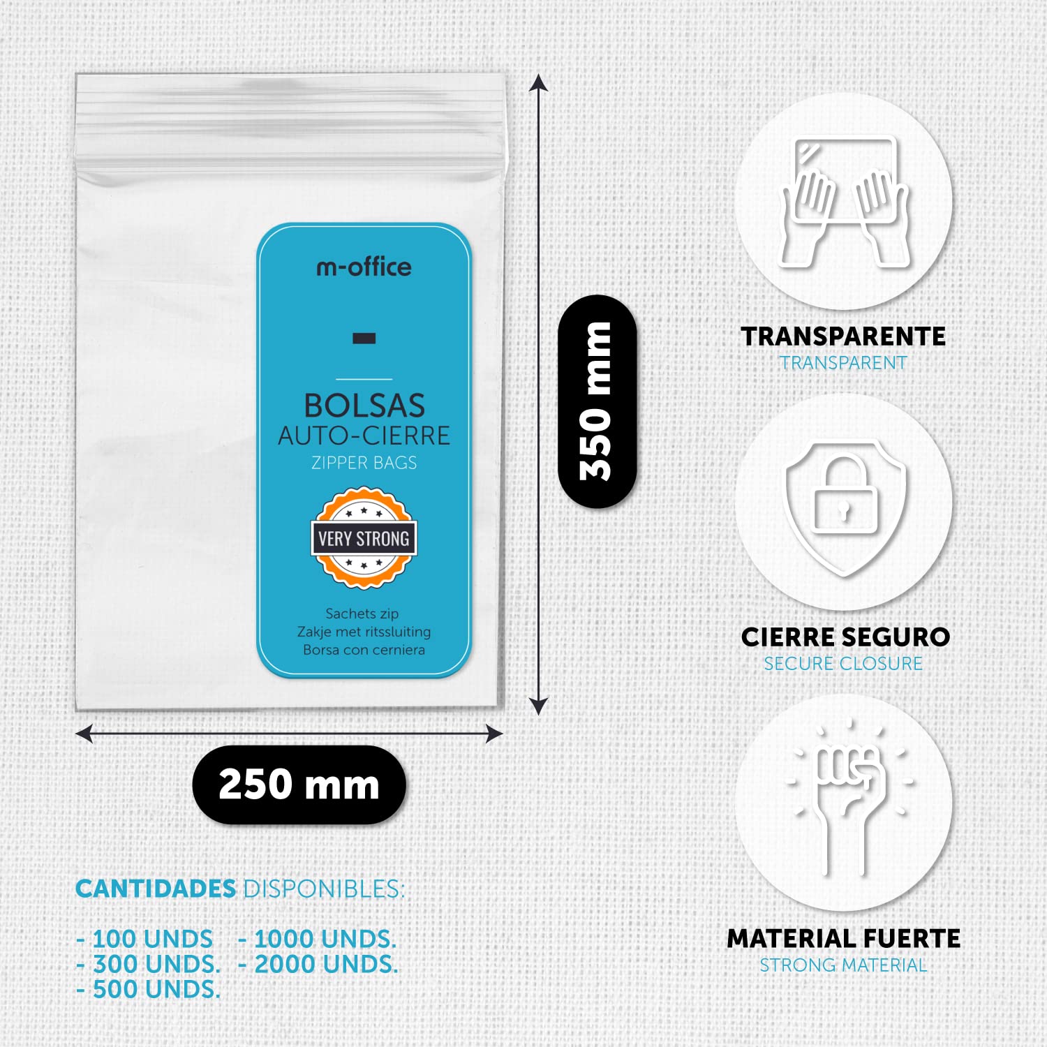 Bolsas con Cierre Hermético, Bolsas Zip de Plástico Transparentes Ideales para Congelar Alimentos, Guarda Documentos, Bolsas Reutilizables y de Conservación · m-office (250x350mm, 500unds)