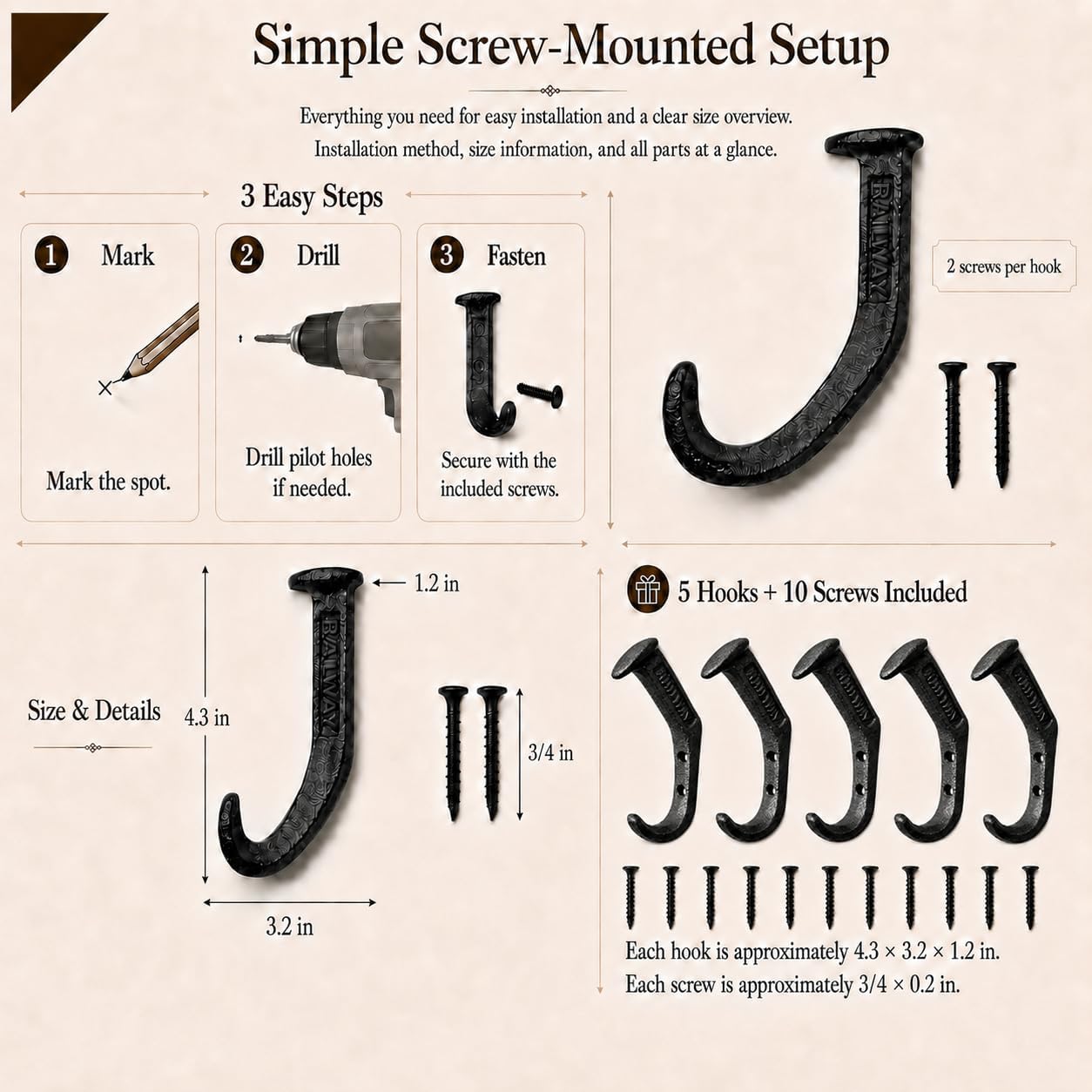 Iron & Blossom Cast Iron Heavy Duty Coat Hooks 5-Pack Railroad Spike Hooks | Handcrafted Solid Cast Iron Wall Hooks, Rust-Resistant Coating, Up to 15 lb, for Coats, Hats, Bags, Backpacks & Keys