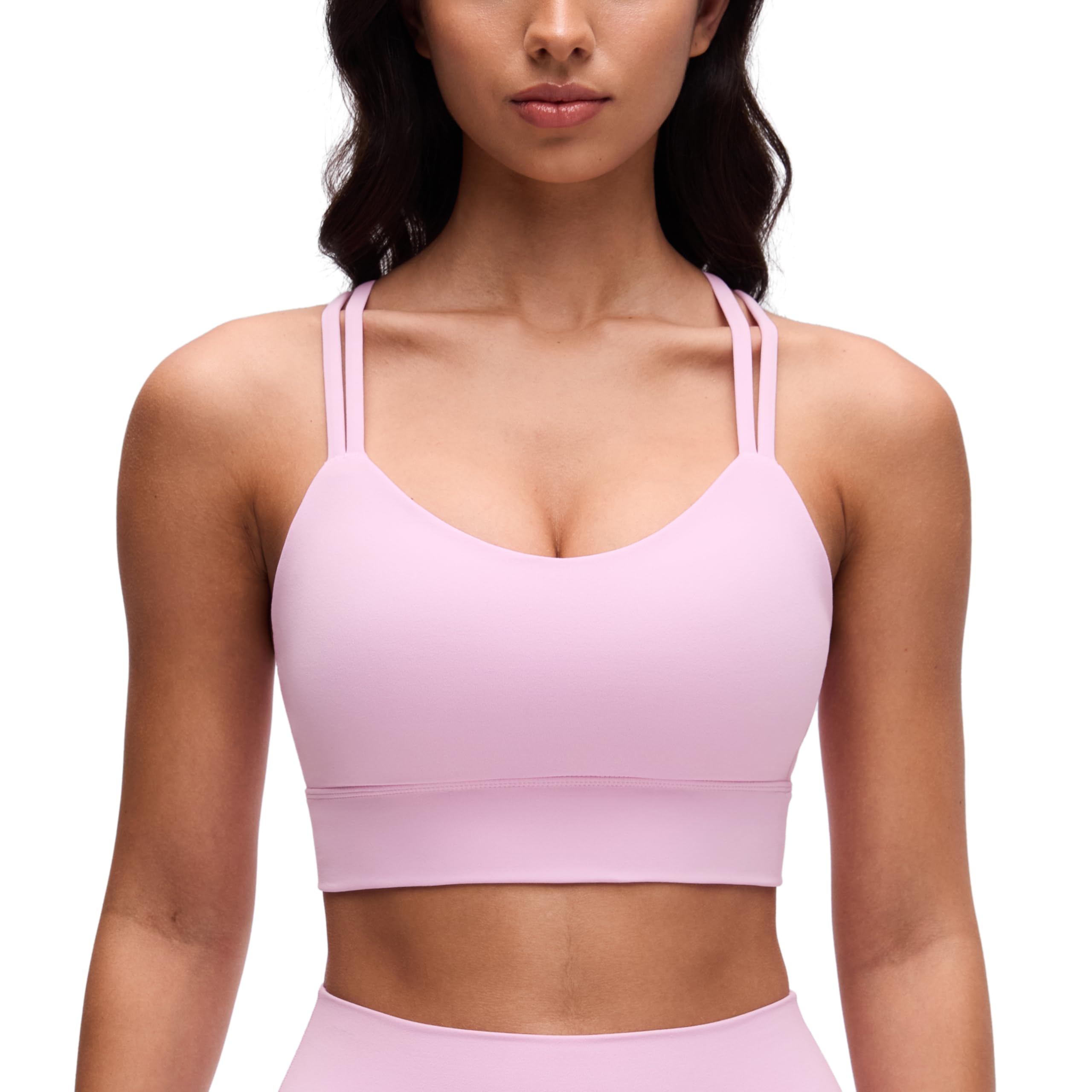 Crz Yoga Women's Vita Pink Butterluxe Strappy Sports Bra Molded A-D Cup Criss Cross Yoga Bra Padded Longline Workout Crop Top L