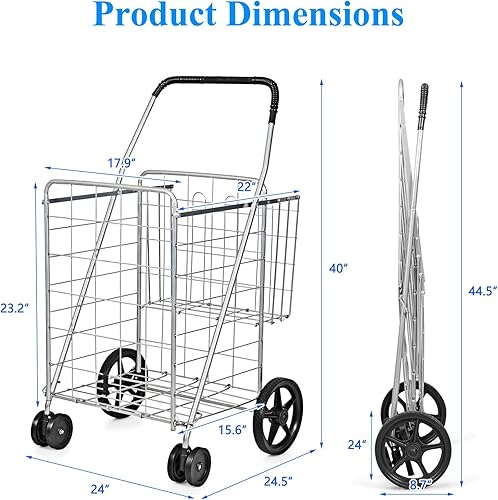 Miniatura 4 de IRONMAX Carrito de compras de comestibles, carrito plegable de gran resistencia con ruedas giratorias de 360 y cesta extra, carrito ligero para